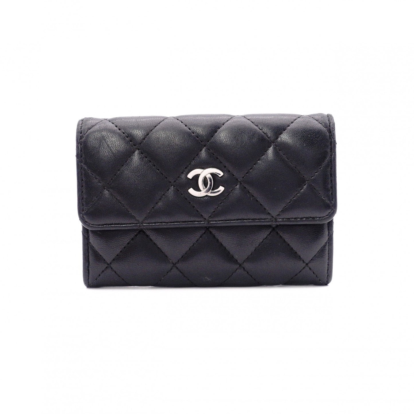 CHANEL Lambskin Matelassé Card Case, Leather, Black, Silver Hardware, CC Logo, Business Card Holder