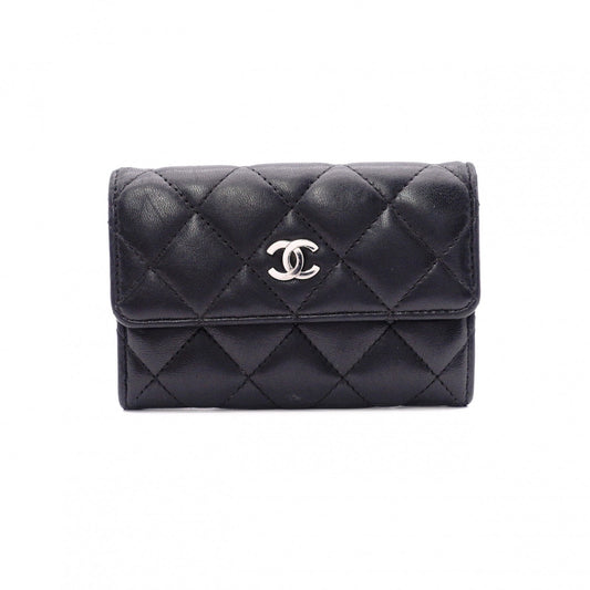 CHANEL Lambskin Matelassé Card Case, Leather, Black, Silver Hardware, CC Logo, Business Card Holder