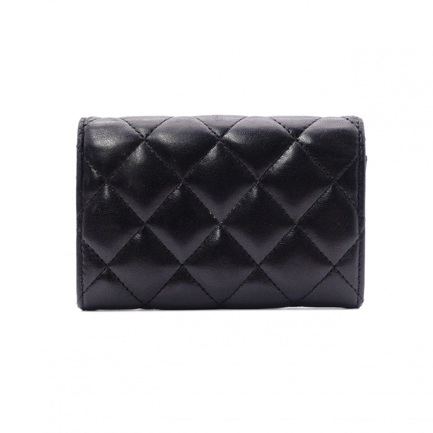 CHANEL Lambskin Matelassé Card Case, Leather, Black, Silver Hardware, CC Logo, Business Card Holder