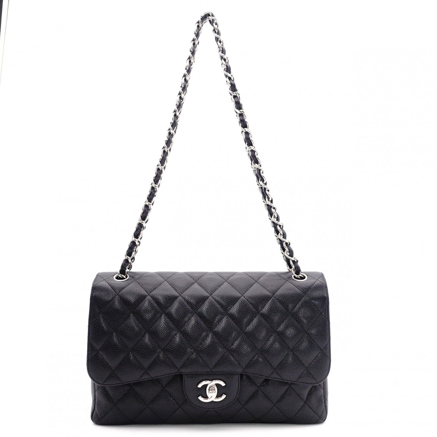 CHANEL Double Flap Big Matelassé Classic Shoulder Bag, Caviar Leather, Black with Silver Hardware
