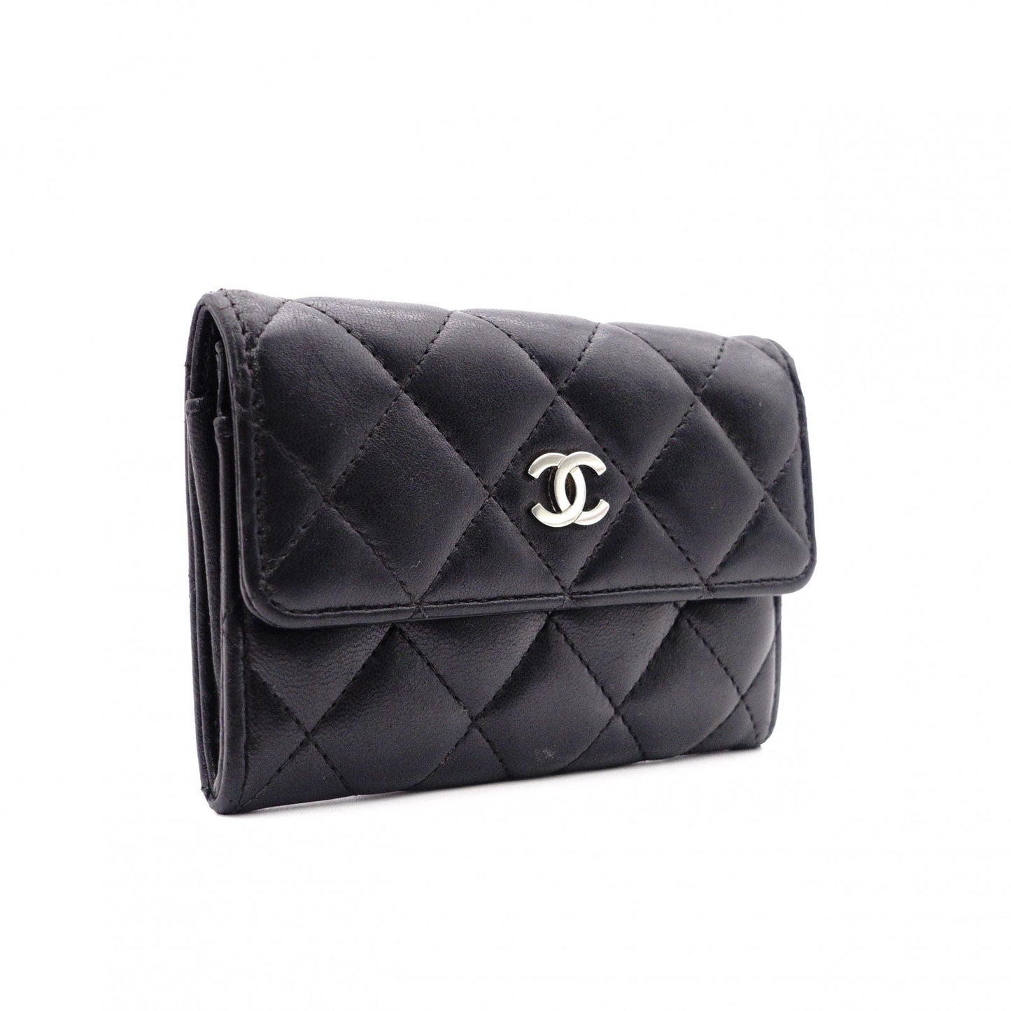 CHANEL Lambskin Matelassé Card Case, Leather, Black, Silver Hardware, CC Logo, Business Card Holder