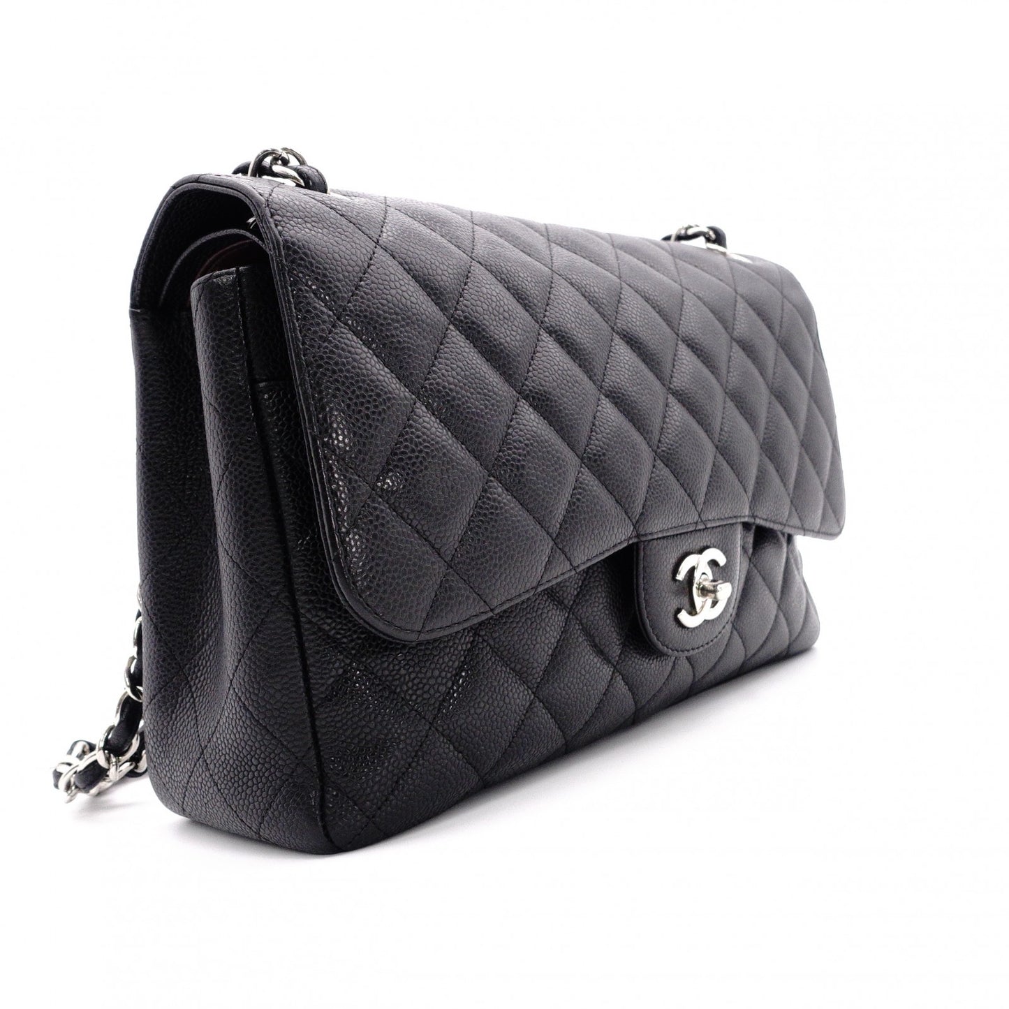 CHANEL Double Flap Big Matelassé Classic Shoulder Bag, Caviar Leather, Black with Silver Hardware