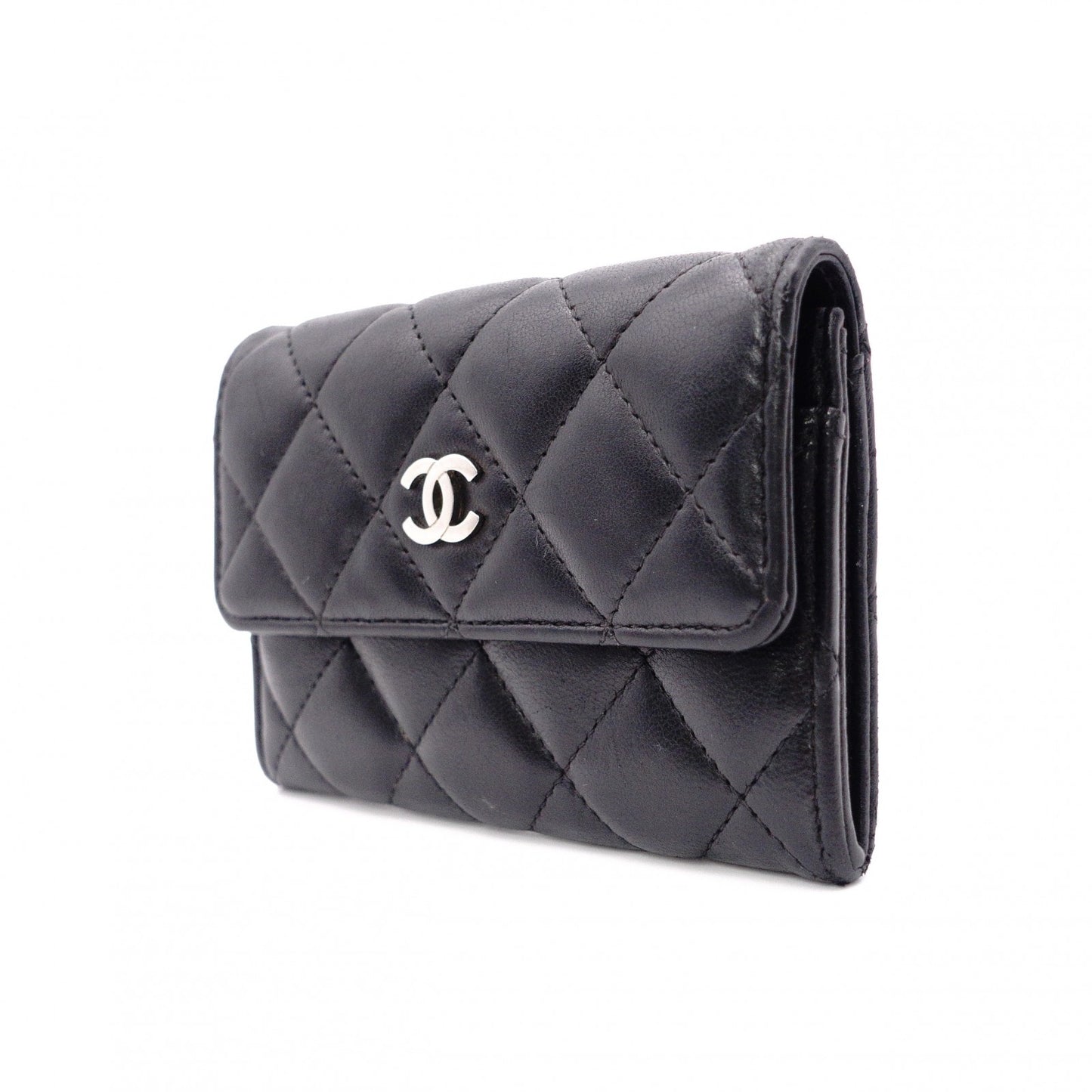 CHANEL Lambskin Matelassé Card Case, Leather, Black, Silver Hardware, CC Logo, Business Card Holder