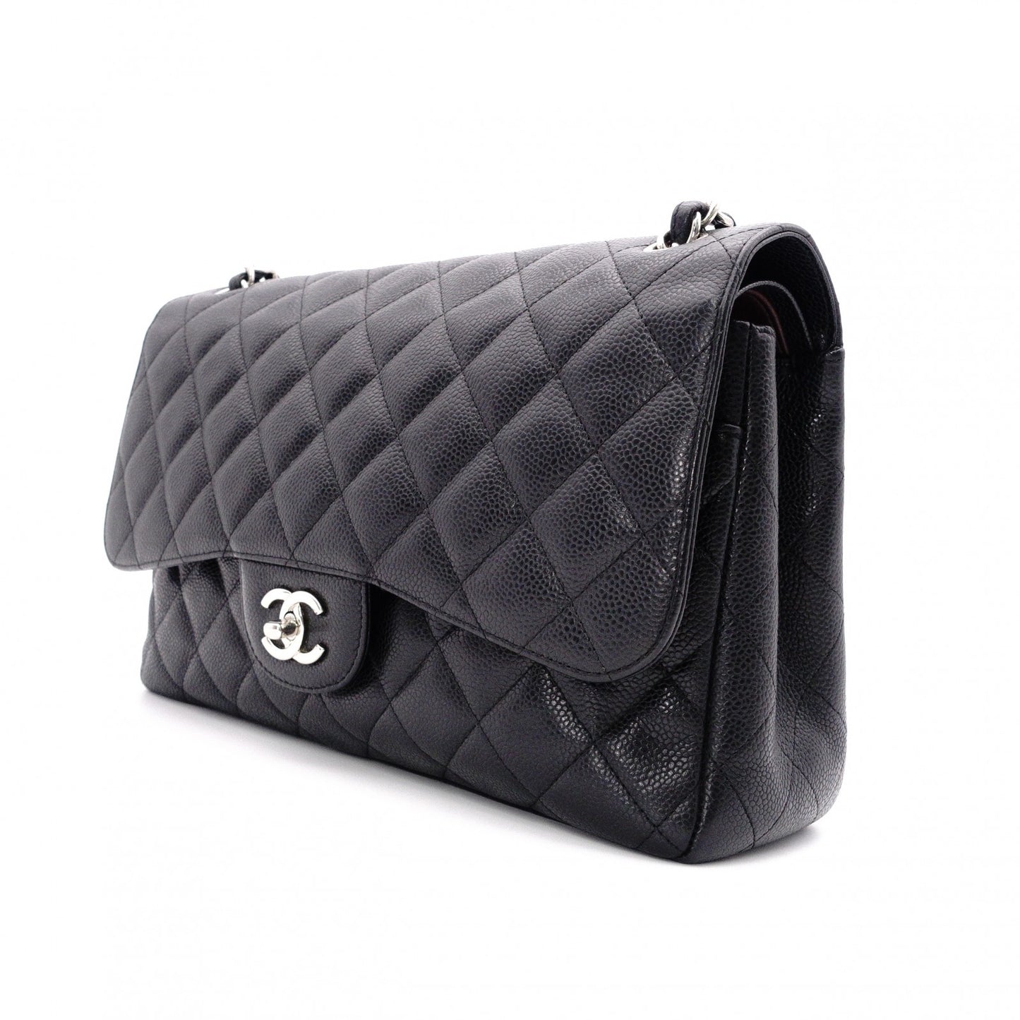 CHANEL Double Flap Big Matelassé Classic Shoulder Bag, Caviar Leather, Black with Silver Hardware