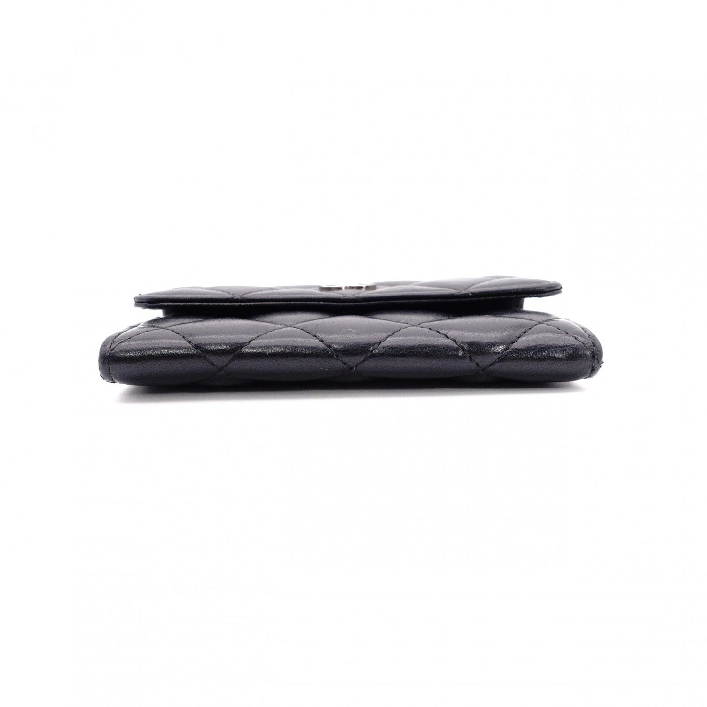 CHANEL Lambskin Matelassé Card Case, Leather, Black, Silver Hardware, CC Logo, Business Card Holder