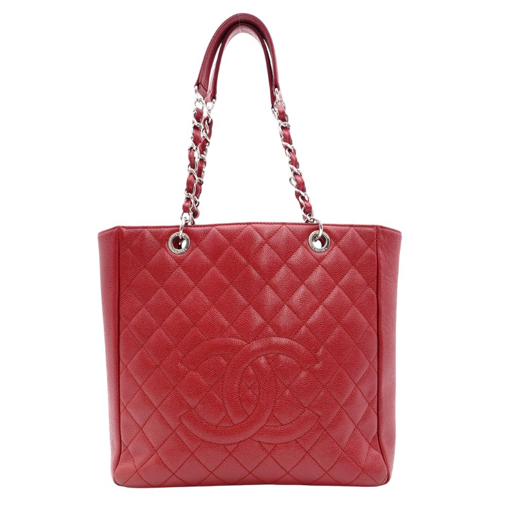 CHANEL Caviar Skin Chain Shoulder Bag Red PST Silver Hardware R801073