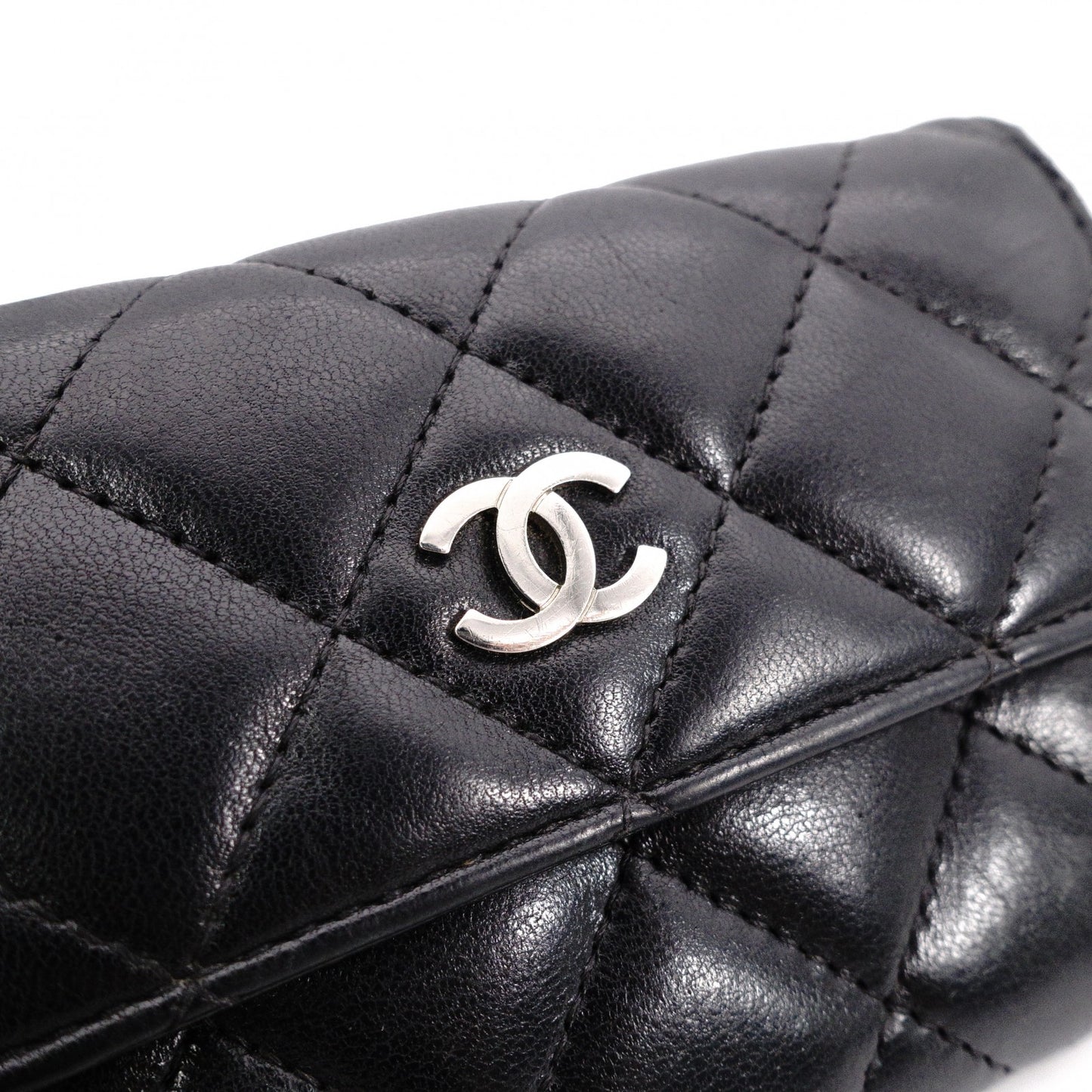 CHANEL Lambskin Matelassé Card Case, Leather, Black, Silver Hardware, CC Logo, Business Card Holder