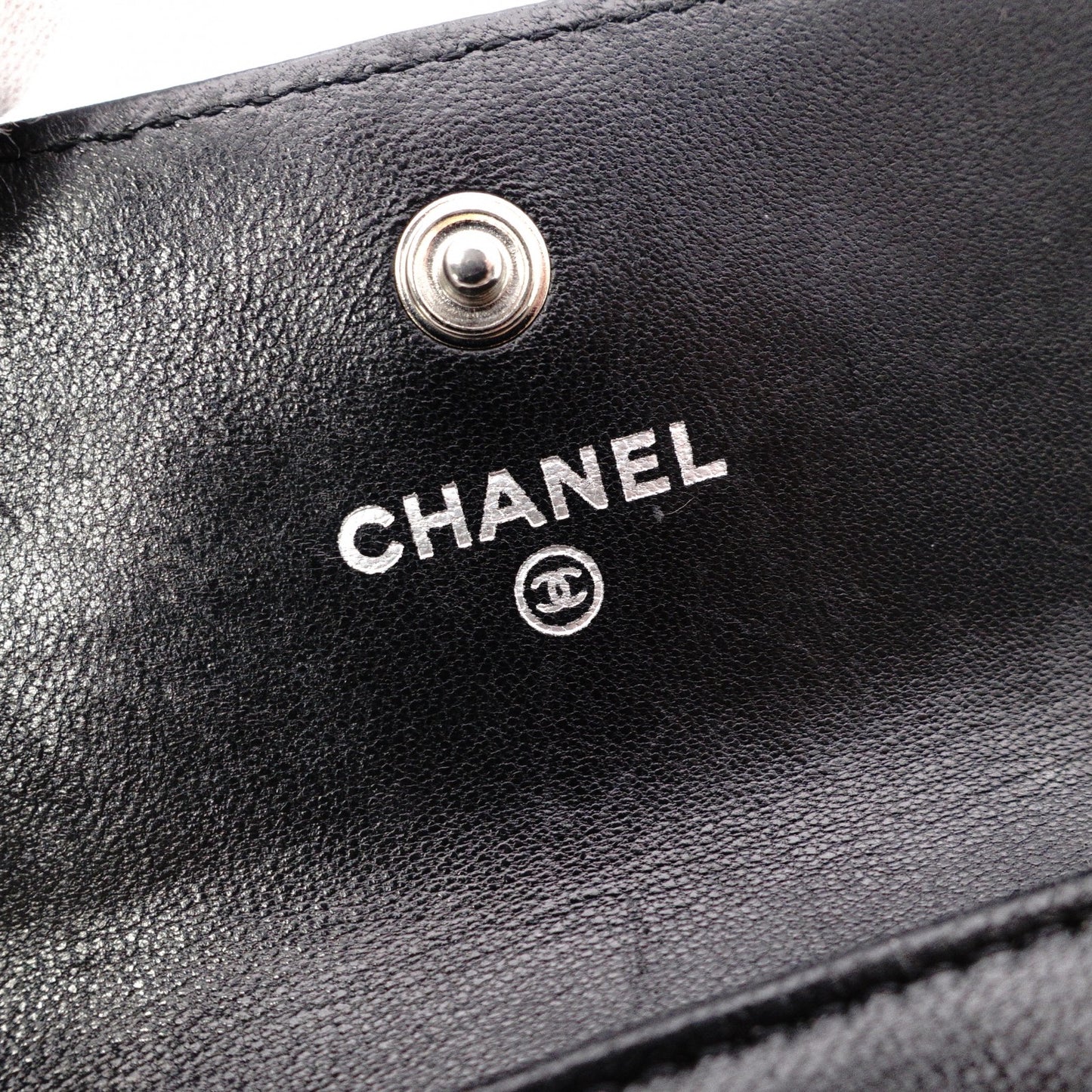 CHANEL Lambskin Matelassé Card Case, Leather, Black, Silver Hardware, CC Logo, Business Card Holder