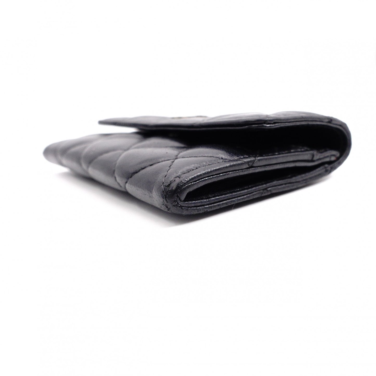 CHANEL Lambskin Matelassé Card Case, Leather, Black, Silver Hardware, CC Logo, Business Card Holder