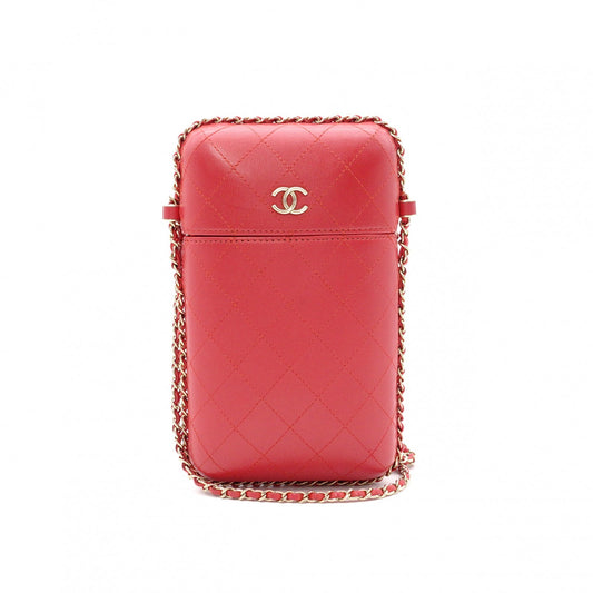 CHANEL Phone Case, Shoulder Bag, Matelassé Shoulder Bag, Leather, Red, Gold Hardware, Crossbody