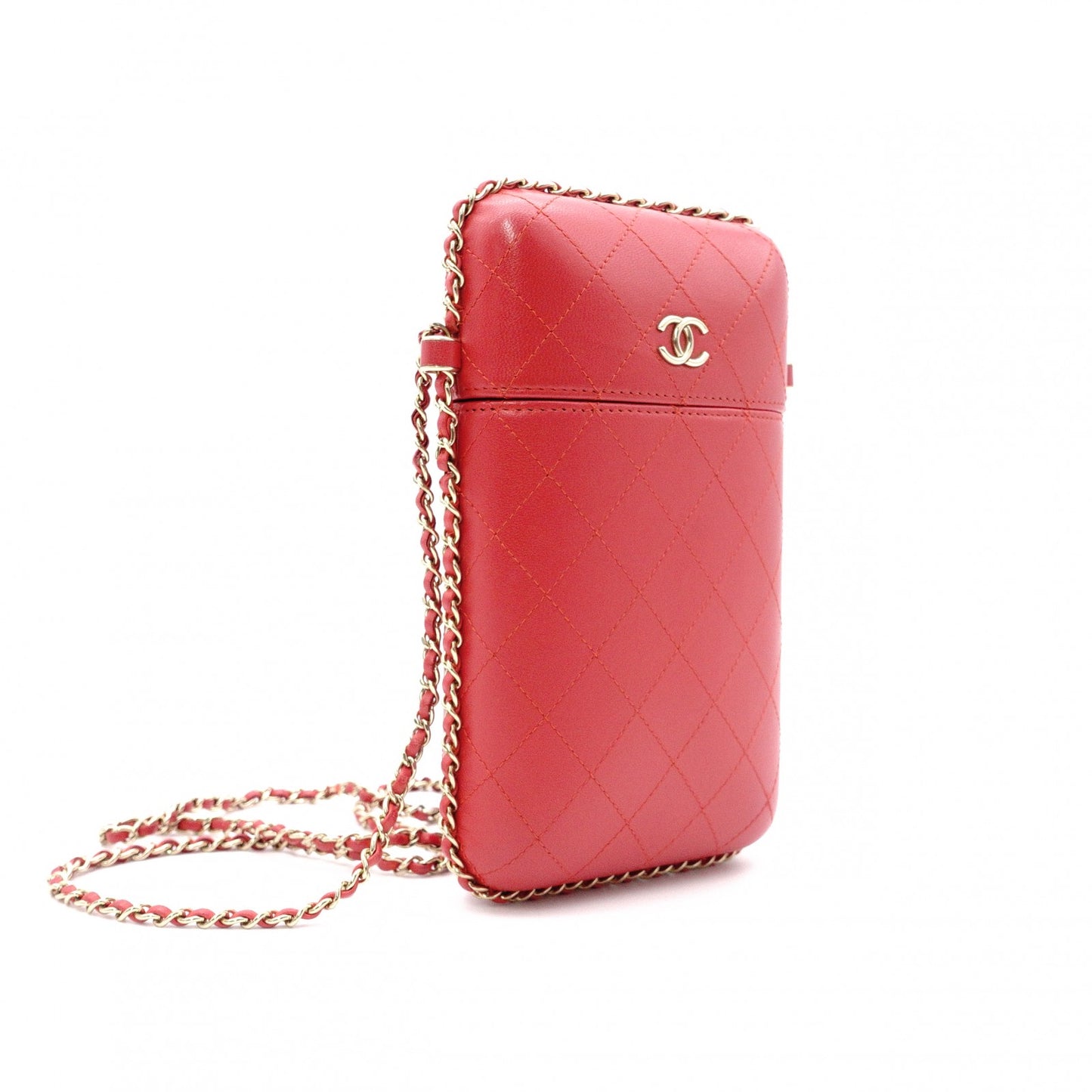 CHANEL Phone Case, Shoulder Bag, Matelassé Shoulder Bag, Leather, Red, Gold Hardware, Crossbody