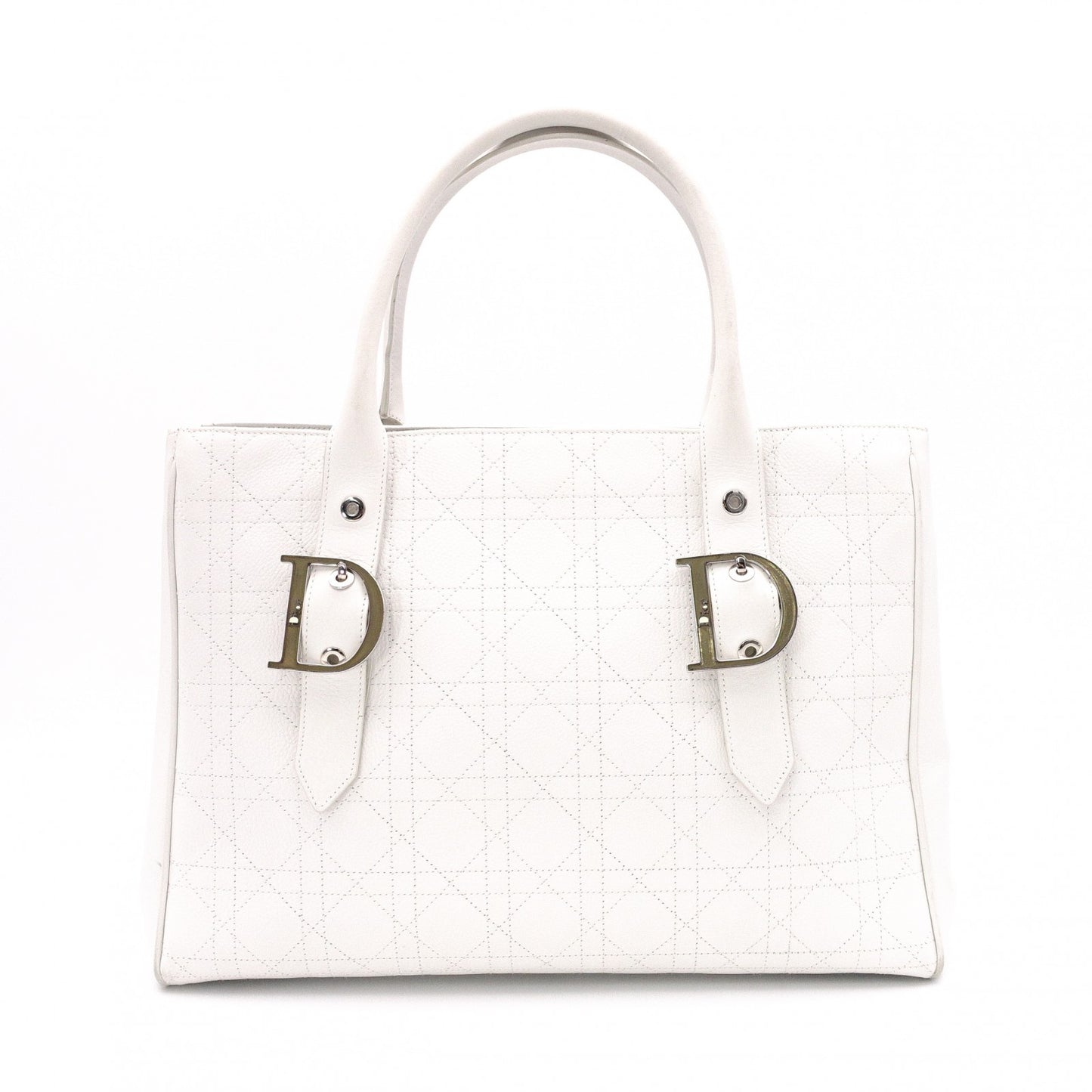 Christian Dior Cannage Tote Bag, Leather, White, Silver Hardware