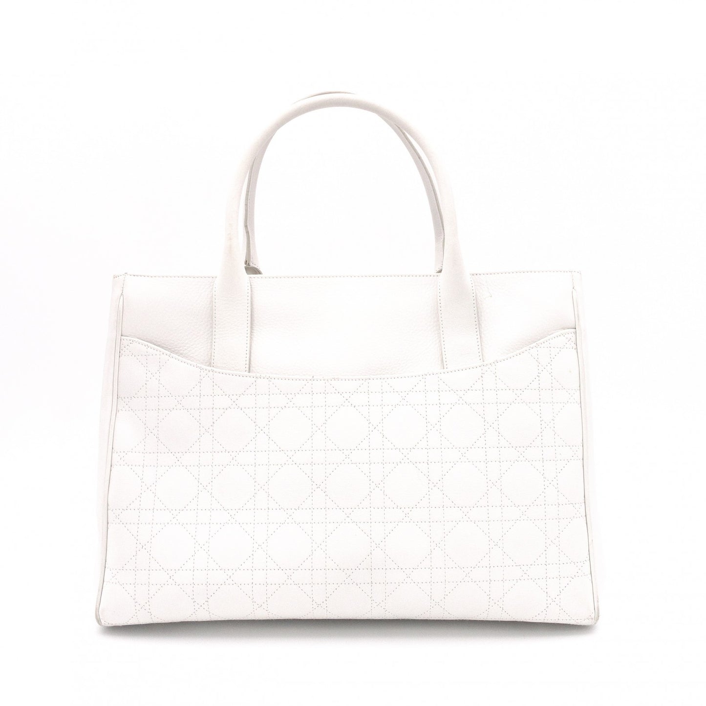 Christian Dior Cannage Tote Bag, Leather, White, Silver Hardware