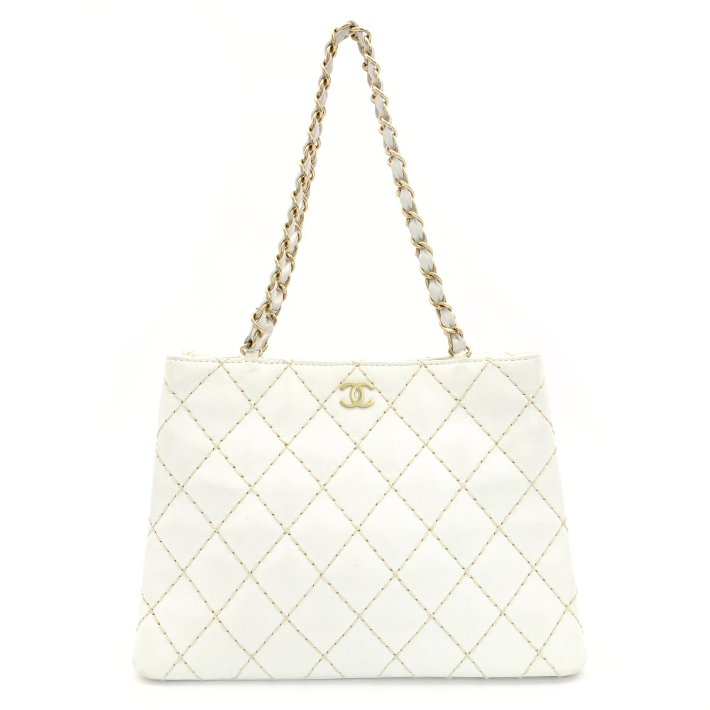 CHANEL Wild Stitch Chain Shoulder Bag Lambskin White Leather White Gold Hardware 7-9-587