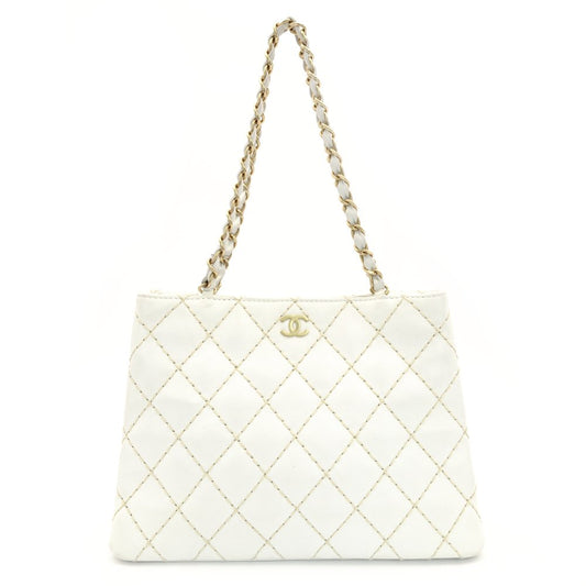 CHANEL Wild Stitch Chain Shoulder Bag Lambskin White Leather White Gold Hardware 7-9-587