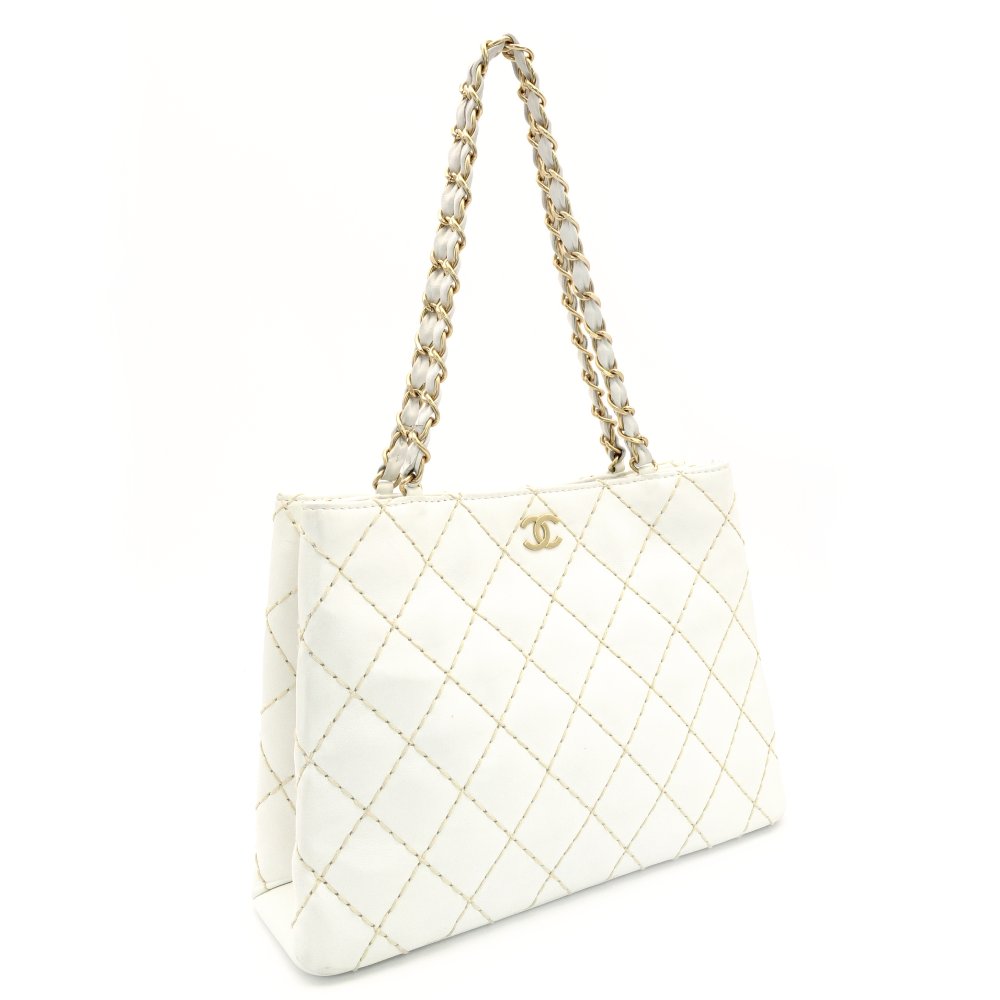 CHANEL Wild Stitch Chain Shoulder Bag Lambskin White Leather White Gold Hardware 7-9-587