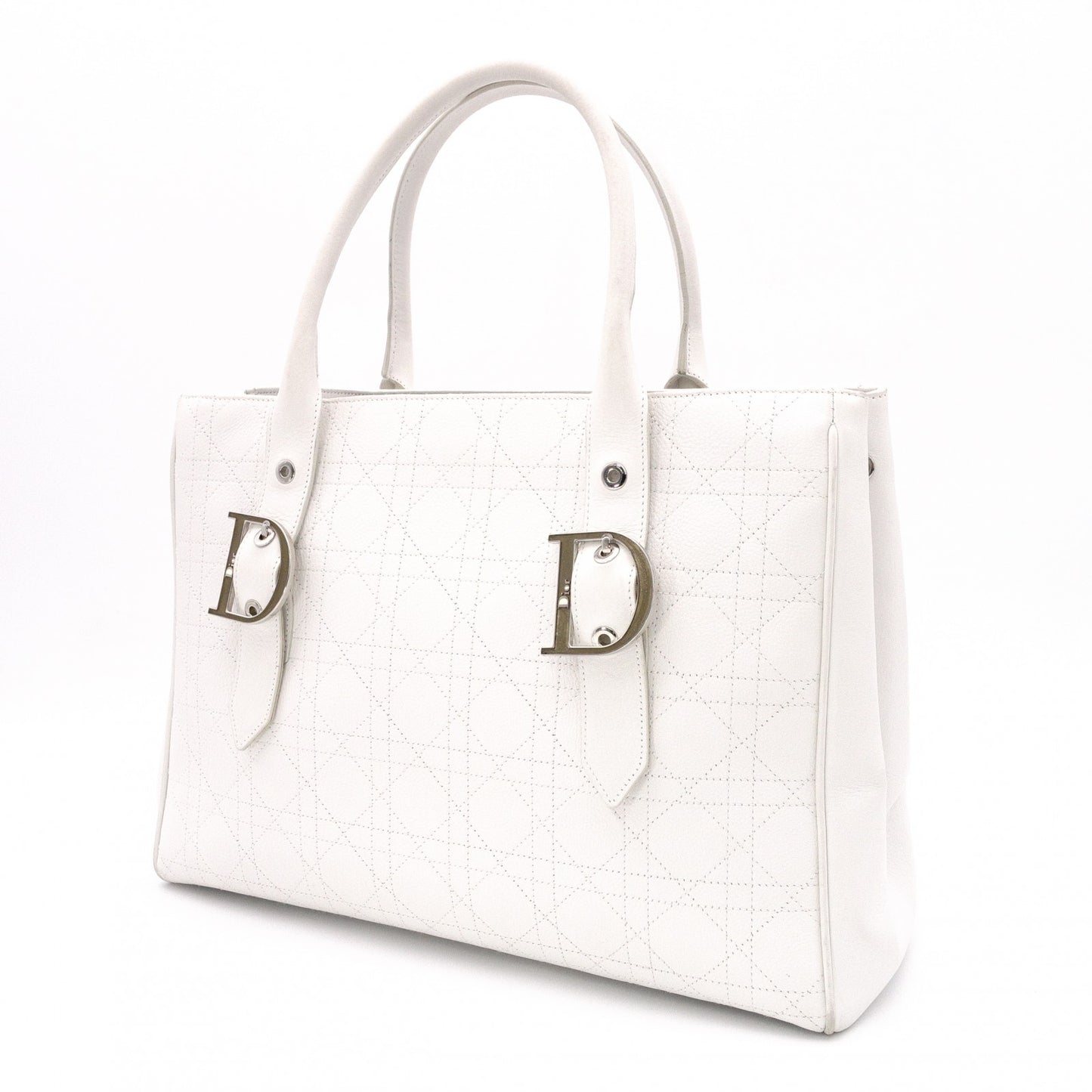 Christian Dior Cannage Tote Bag, Leather, White, Silver Hardware