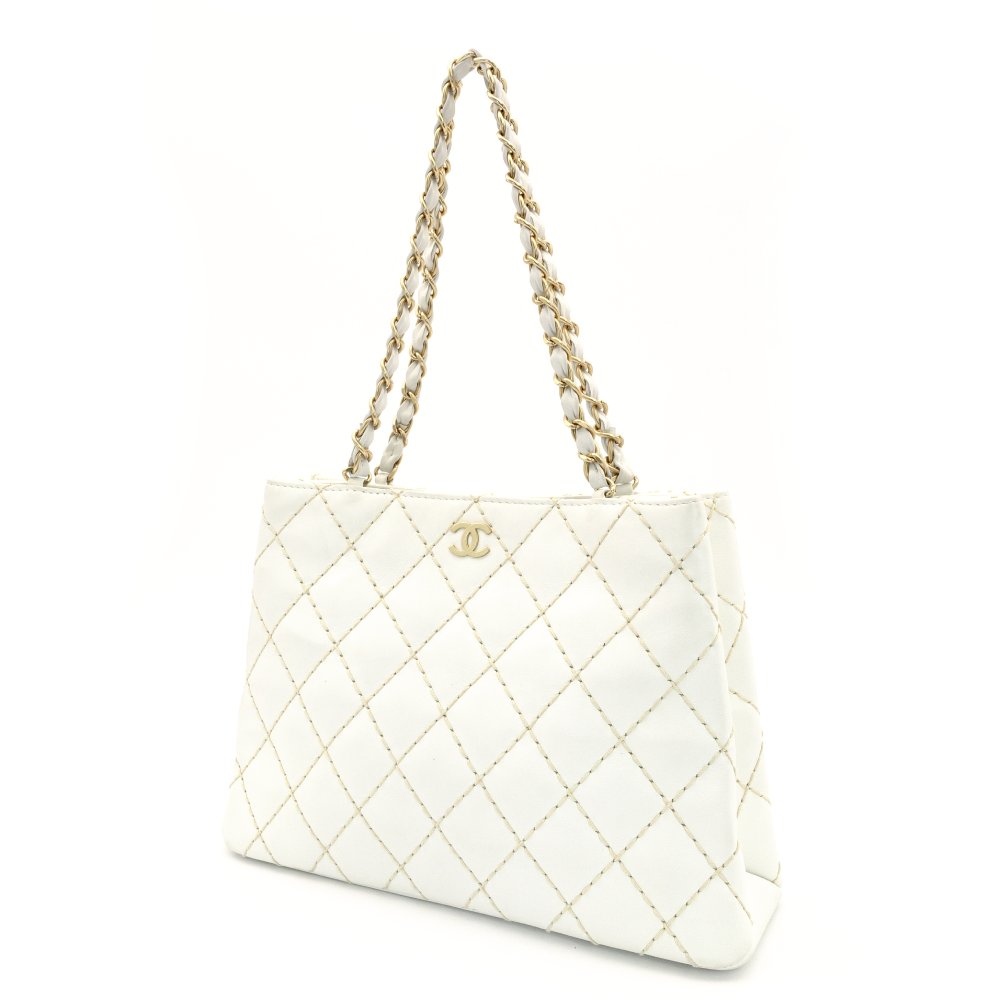 CHANEL Wild Stitch Chain Shoulder Bag Lambskin White Leather White Gold Hardware 7-9-587