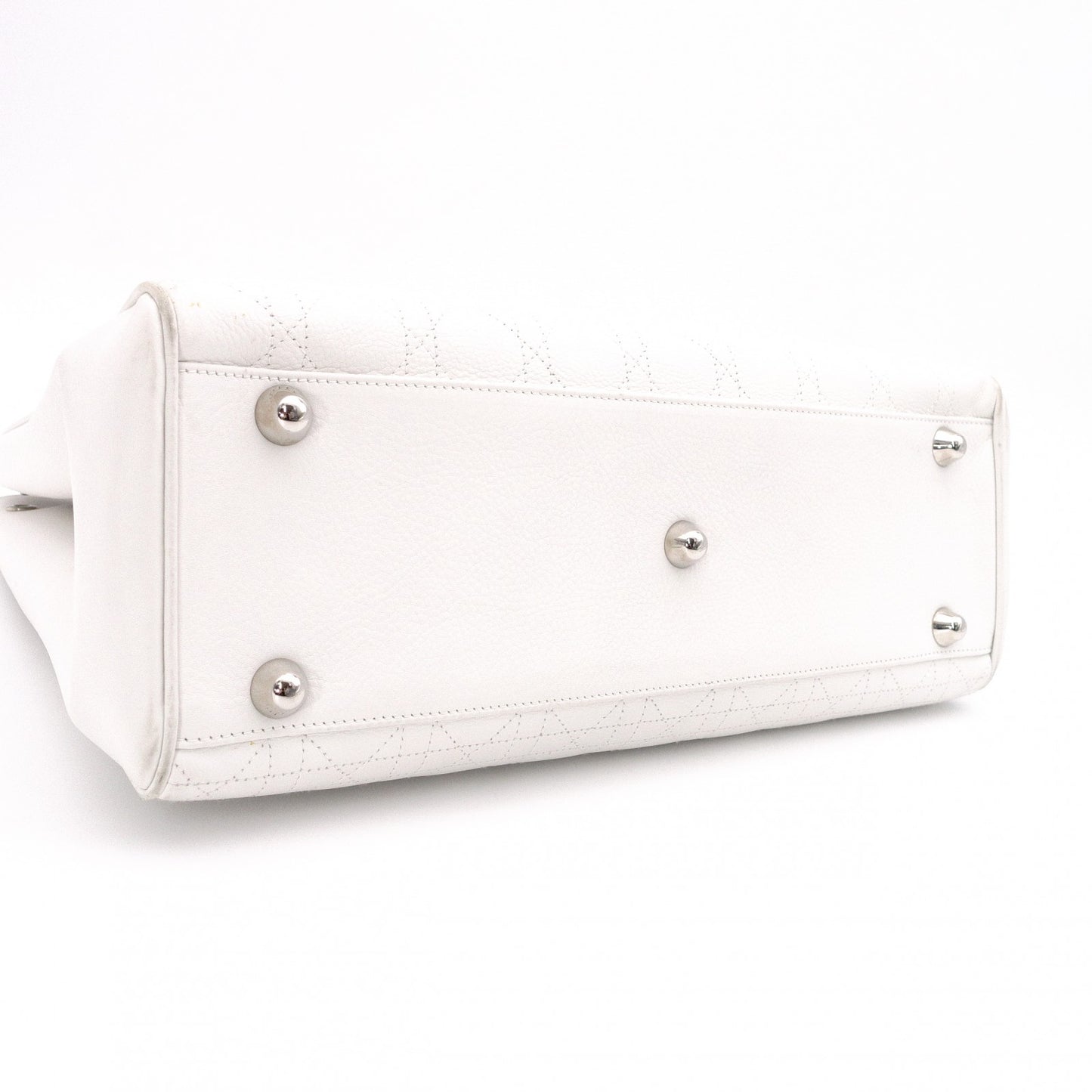 Christian Dior Cannage Tote Bag, Leather, White, Silver Hardware