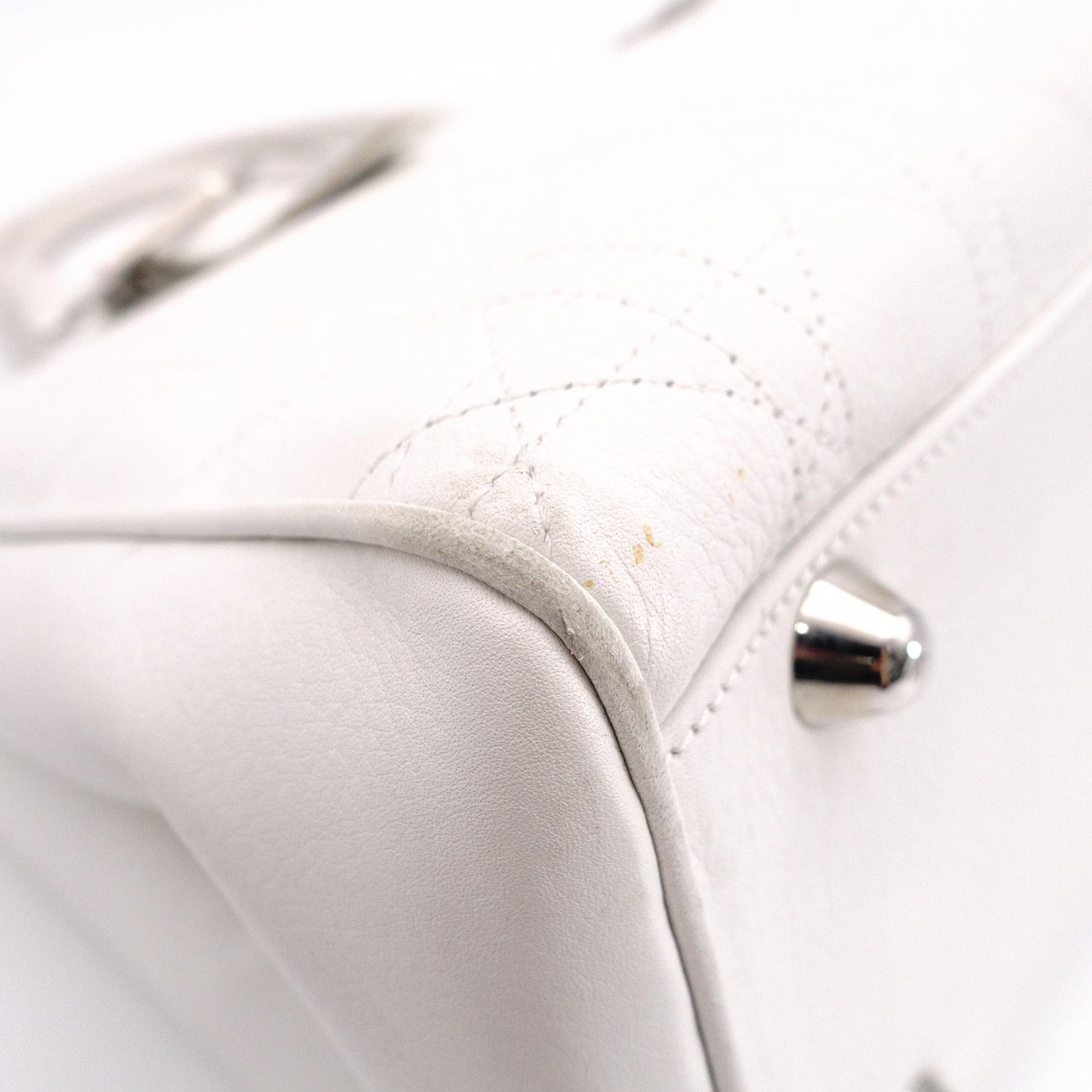 Christian Dior Cannage Tote Bag, Leather, White, Silver Hardware