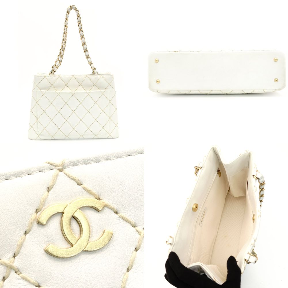 CHANEL Wild Stitch Chain Shoulder Bag Lambskin White Leather White Gold Hardware 7-9-587