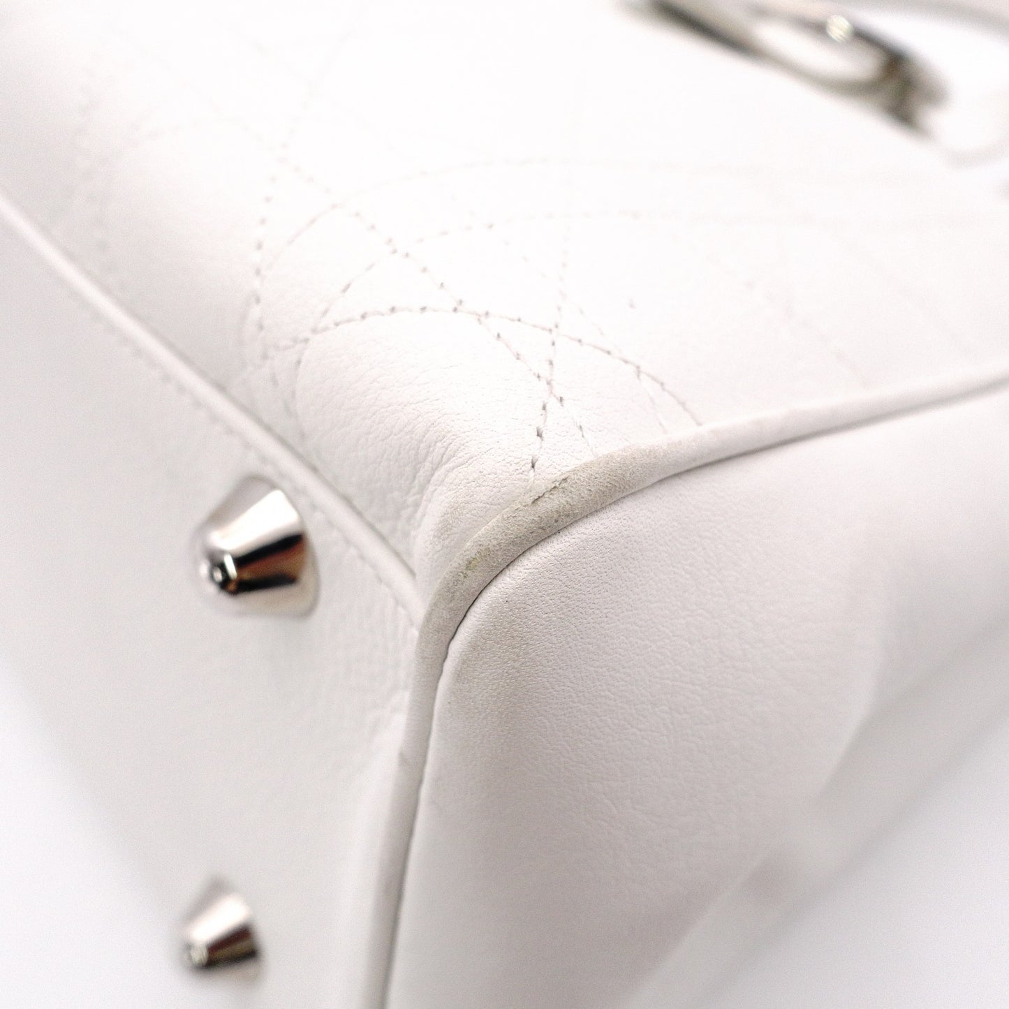 Christian Dior Cannage Tote Bag, Leather, White, Silver Hardware