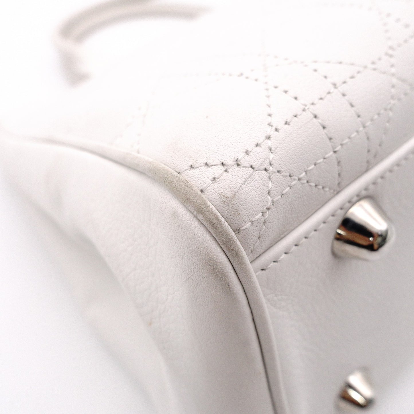 Christian Dior Cannage Tote Bag, Leather, White, Silver Hardware
