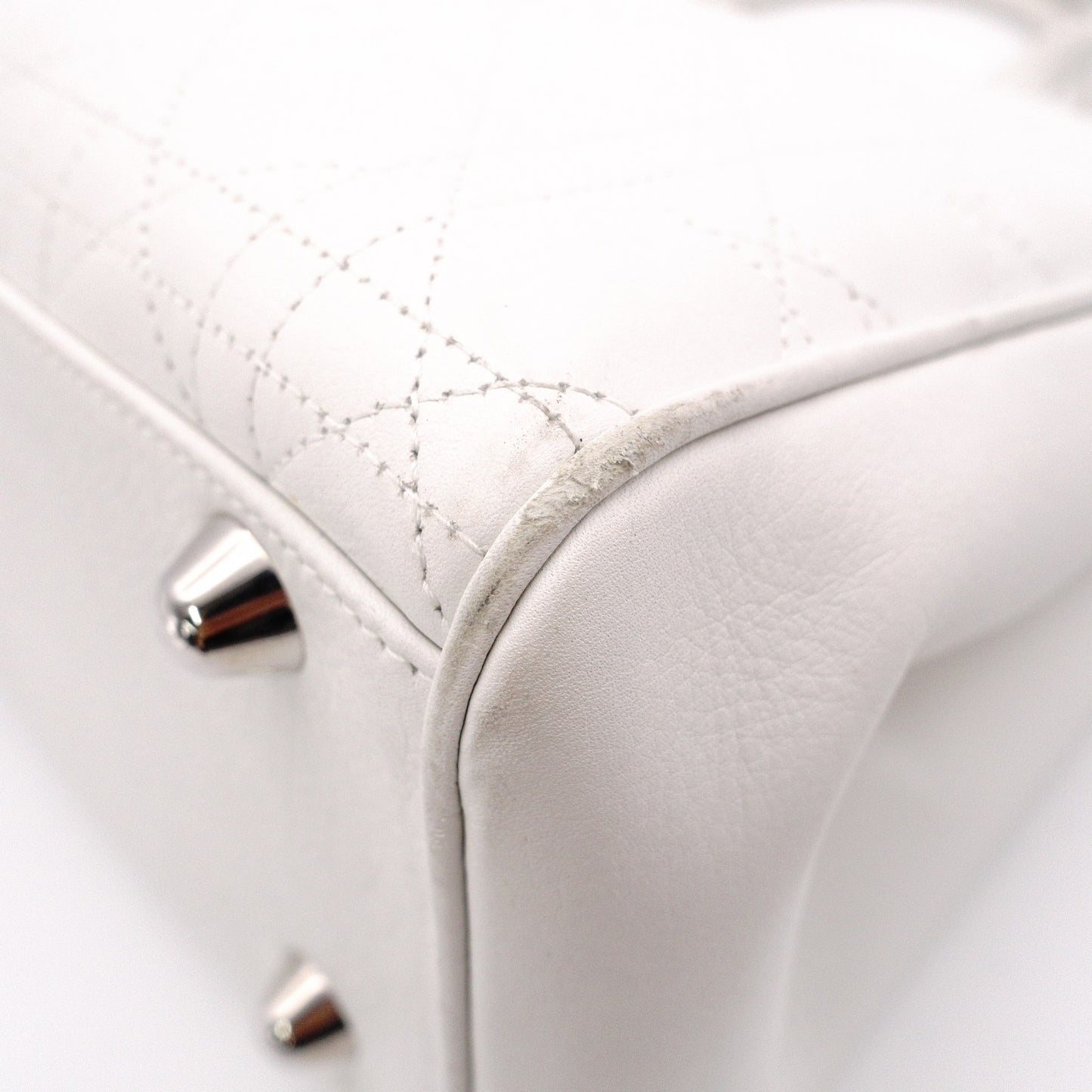 Christian Dior Cannage Tote Bag, Leather, White, Silver Hardware
