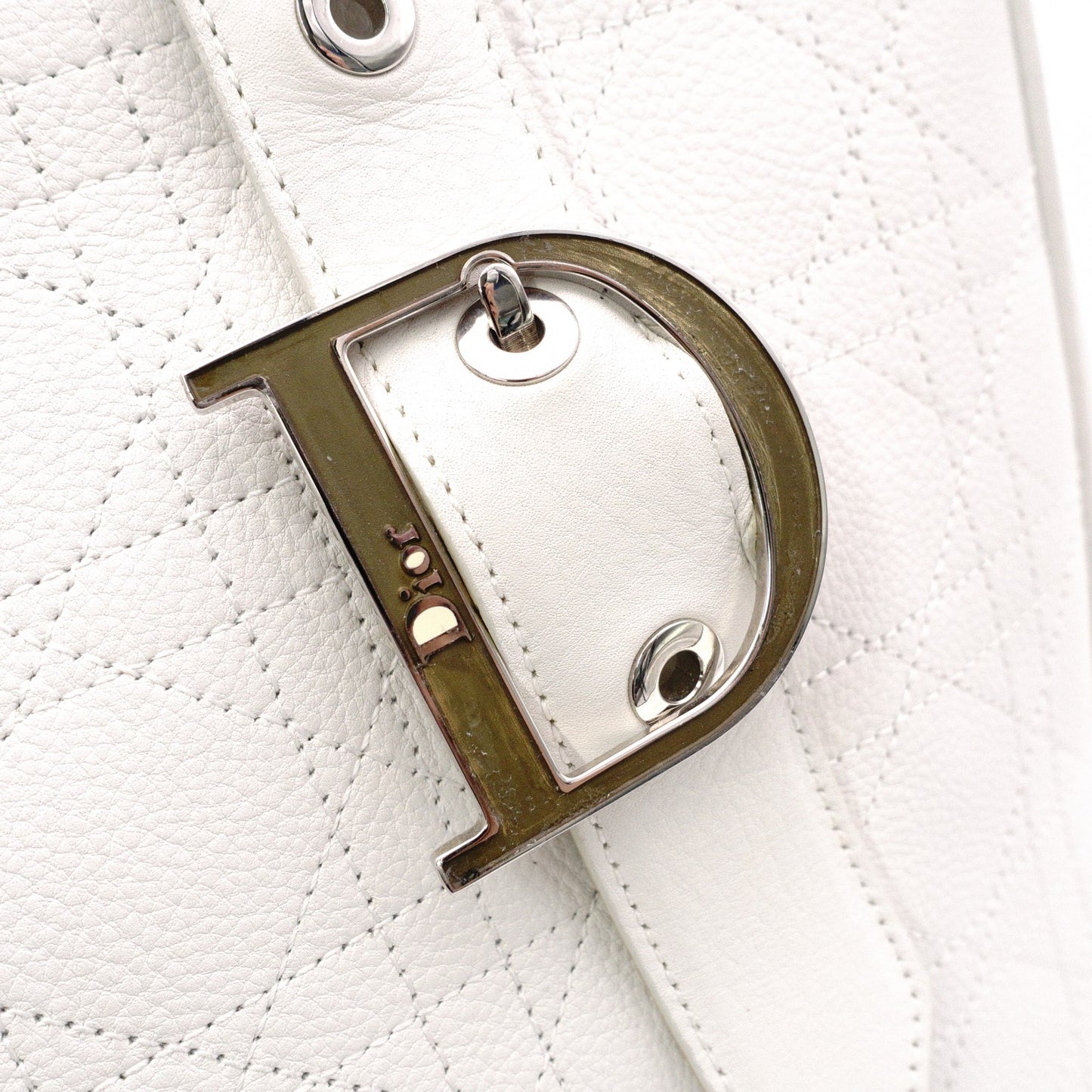Christian Dior Cannage Tote Bag, Leather, White, Silver Hardware