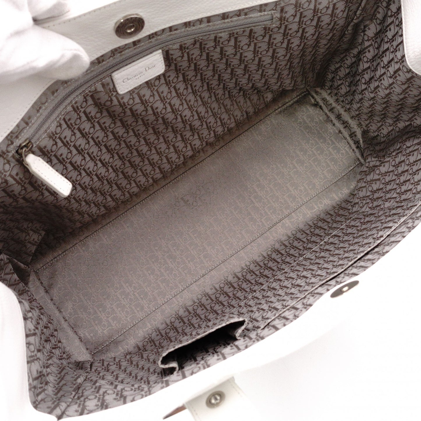 Christian Dior Cannage Tote Bag, Leather, White, Silver Hardware
