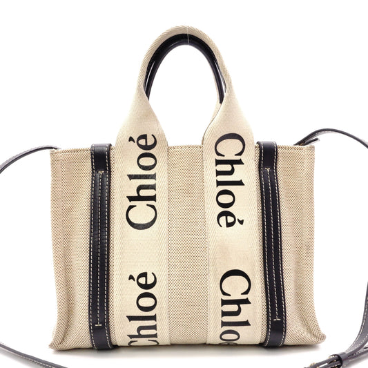 Chloe Woody Handbag, Canvas/Leather, Navy, Women's, 2-Way Crossbody