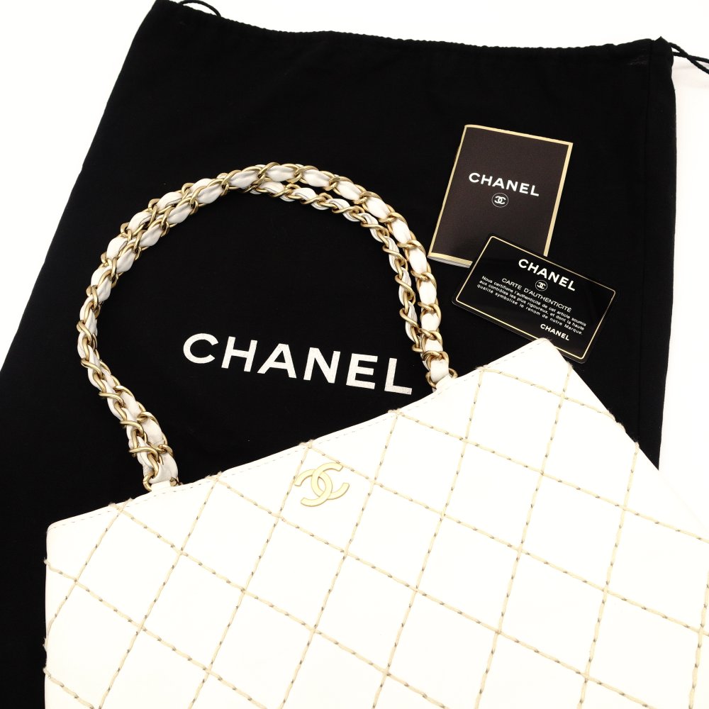 CHANEL Wild Stitch Chain Shoulder Bag Lambskin White Leather White Gold Hardware 7-9-587