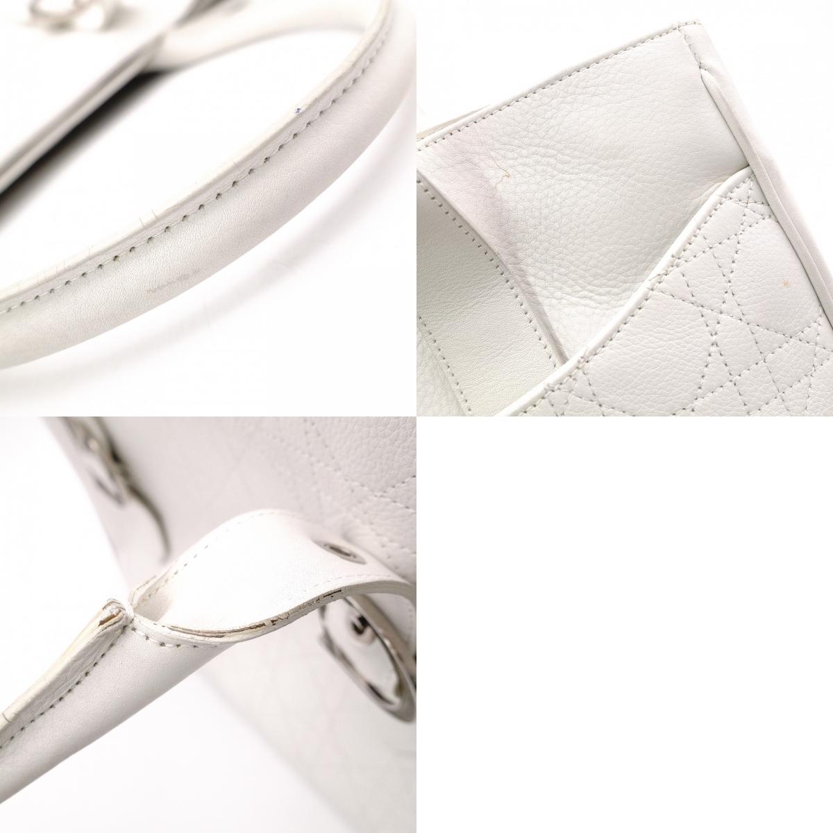 Christian Dior Cannage Tote Bag, Leather, White, Silver Hardware