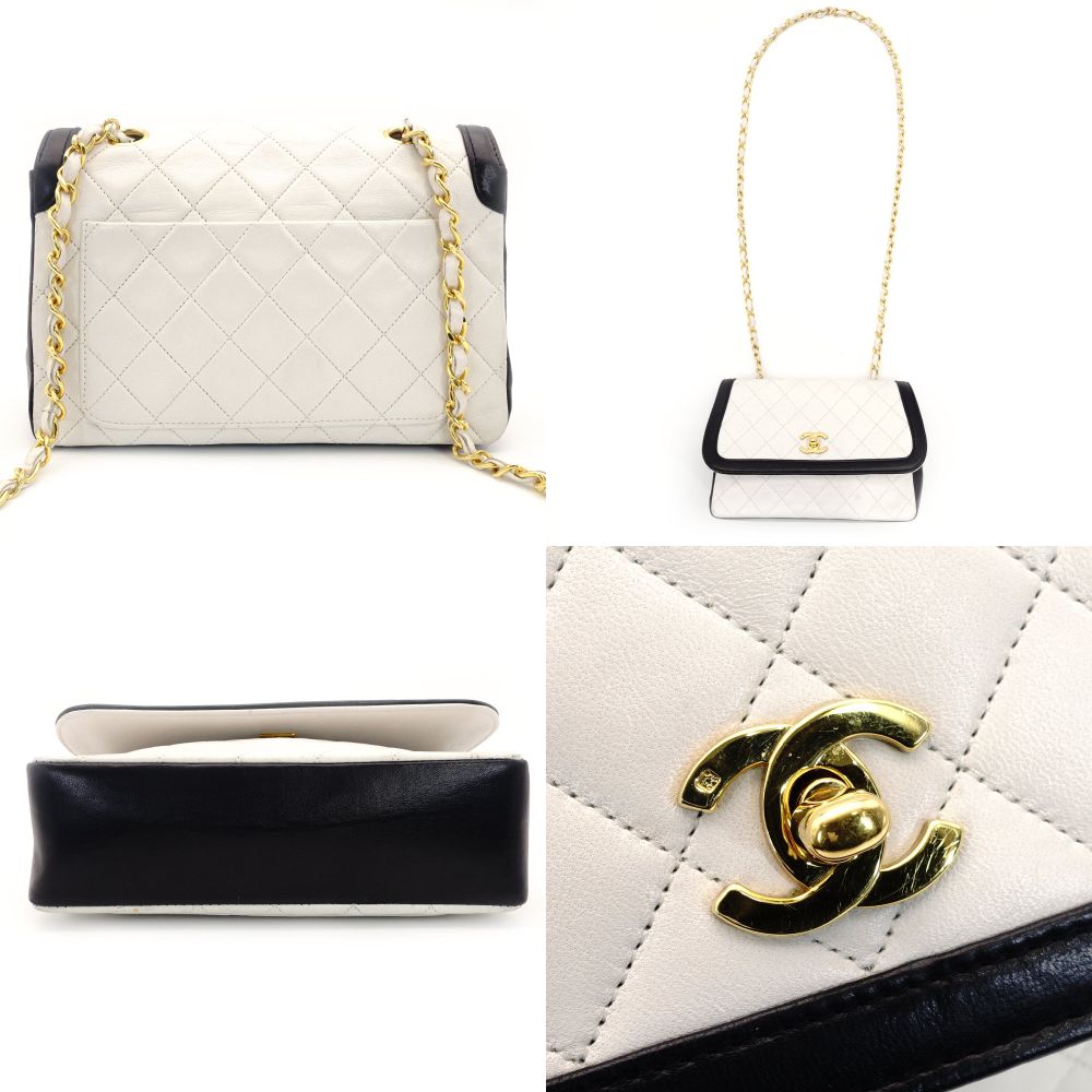 CHANEL Matelassé Chain Shoulder Bag White × Navy Lambskin Leather Crossbody Gold Hardware 7-9-584