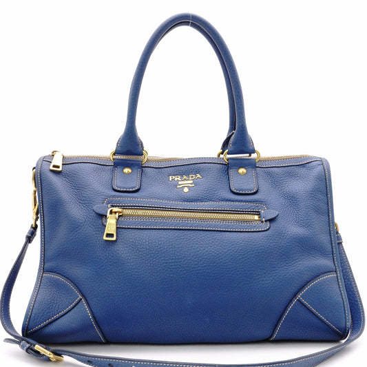 PRADA Vitello Dino Handbag, 2-Way Shoulder Bag, Leather, Blue, Women's