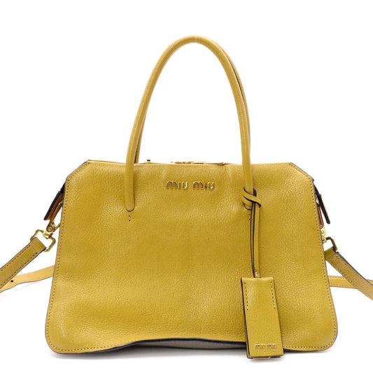 MIUMIU Madras Handbag, 2-Way Shoulder Bag, Leather, Yellow, Women's