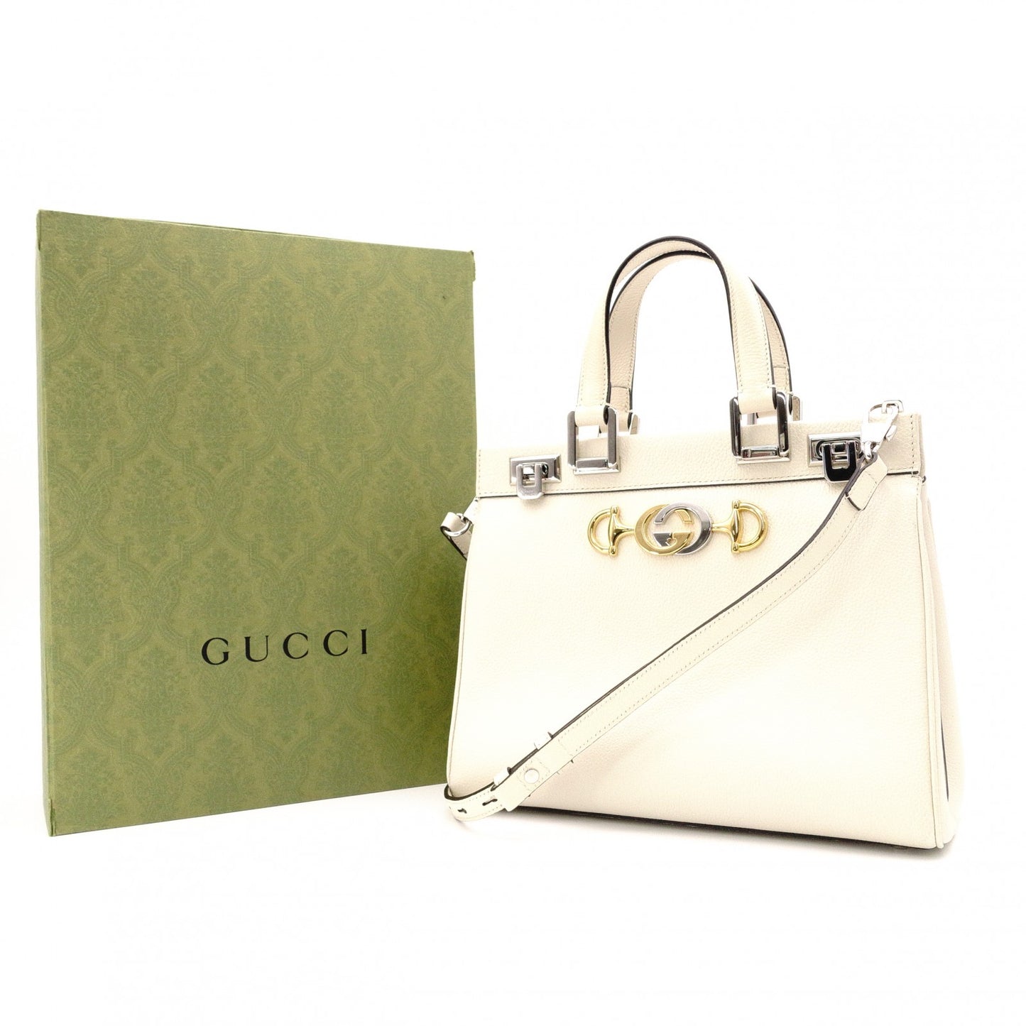 GUCCI Zumi Small Top-Handle Handbag, 2-Way Shoulder Bag, Leather, White, Women's