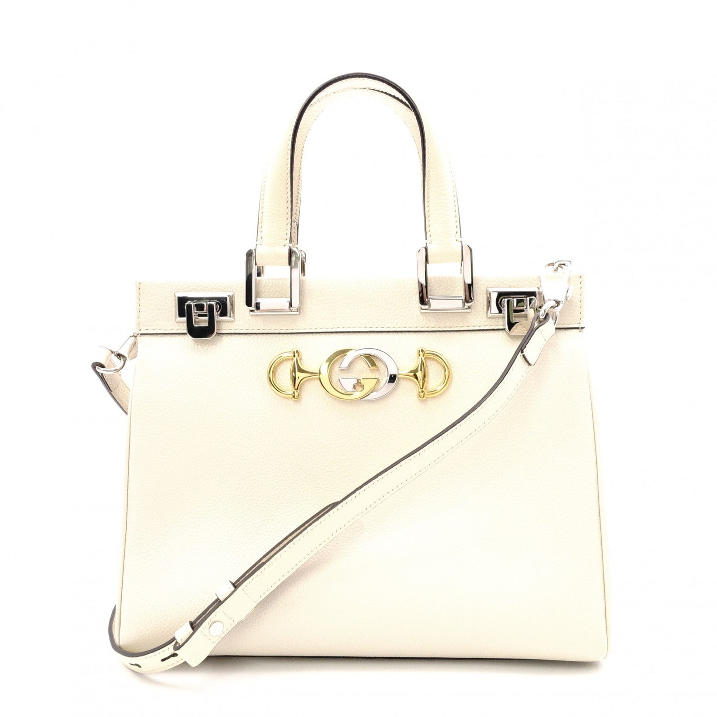 GUCCI Zumi Small Top-Handle Handbag, 2-Way Shoulder Bag, Leather, White, Women's