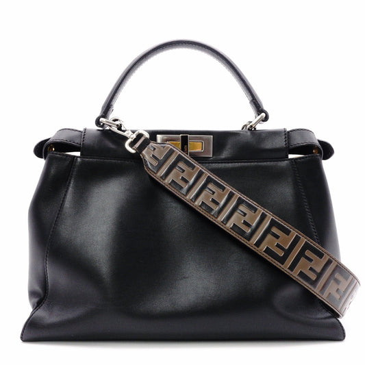 FENDI Peekaboo Medium Handbag, 2-Way Shoulder Bag, Leather, Zucca Print, Black, Women's