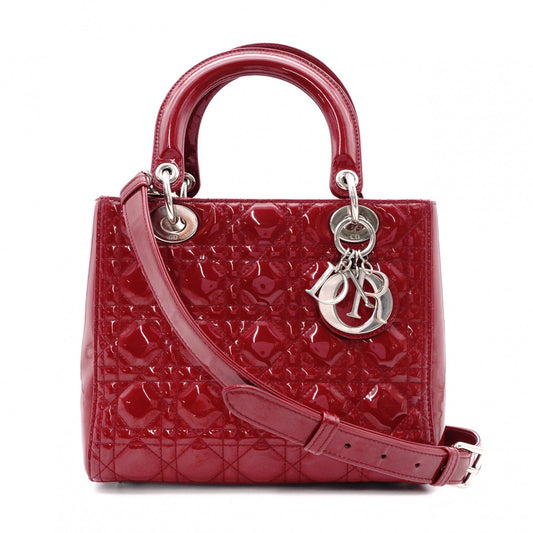 Christian Dior Medium Lady Dior Handbag, Patent Leather, Red, 2-Way, Silver Hardware