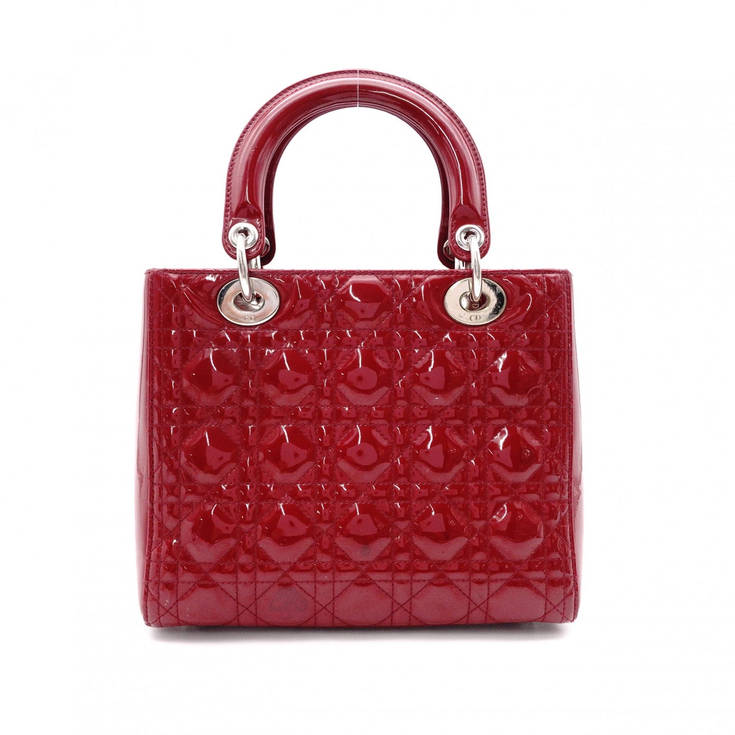 Christian Dior Medium Lady Dior Handbag, Patent Leather, Red, 2-Way, Silver Hardware