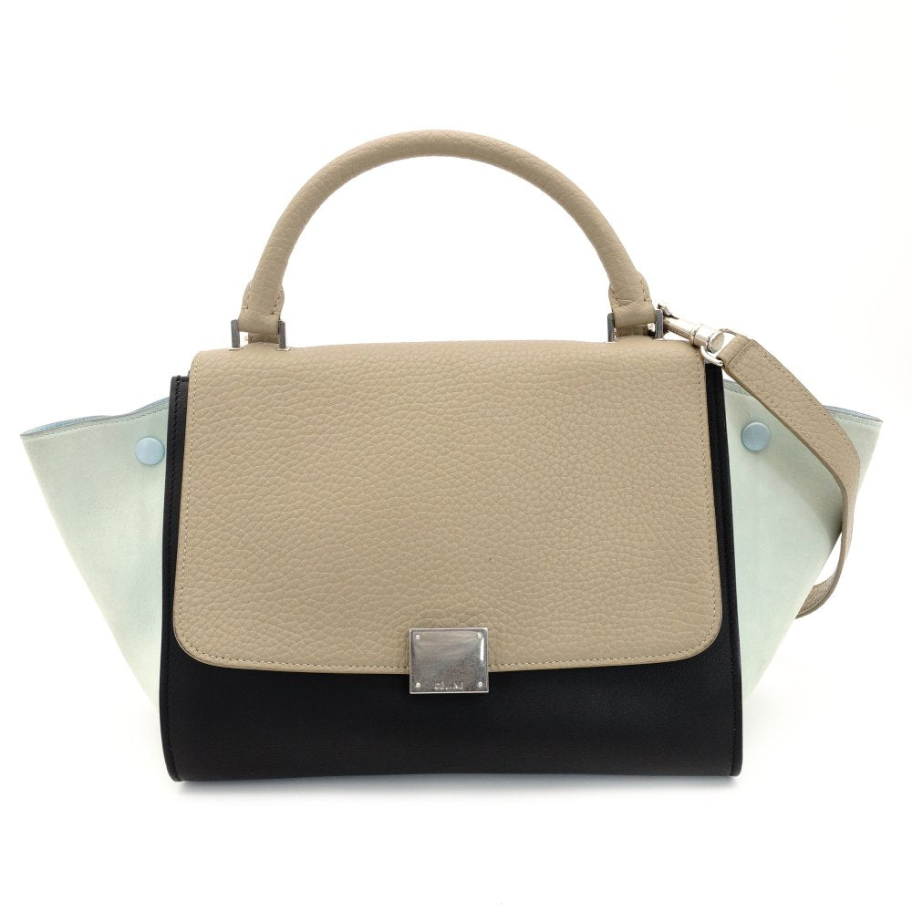 Celine Trapeze Handbag Leather 2-Way Black × Beige × Light Blue Shoulder 7-10-223