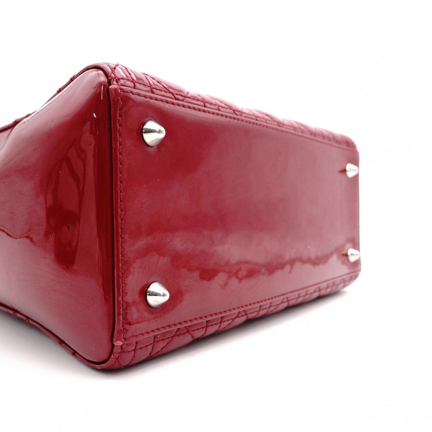Christian Dior Medium Lady Dior Handbag, Patent Leather, Red, 2-Way, Silver Hardware