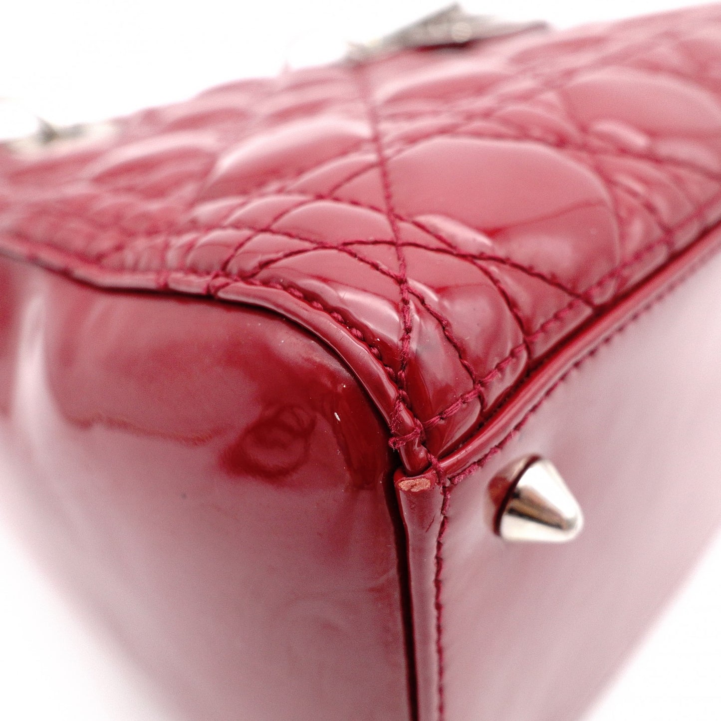 Christian Dior Medium Lady Dior Handbag, Patent Leather, Red, 2-Way, Silver Hardware