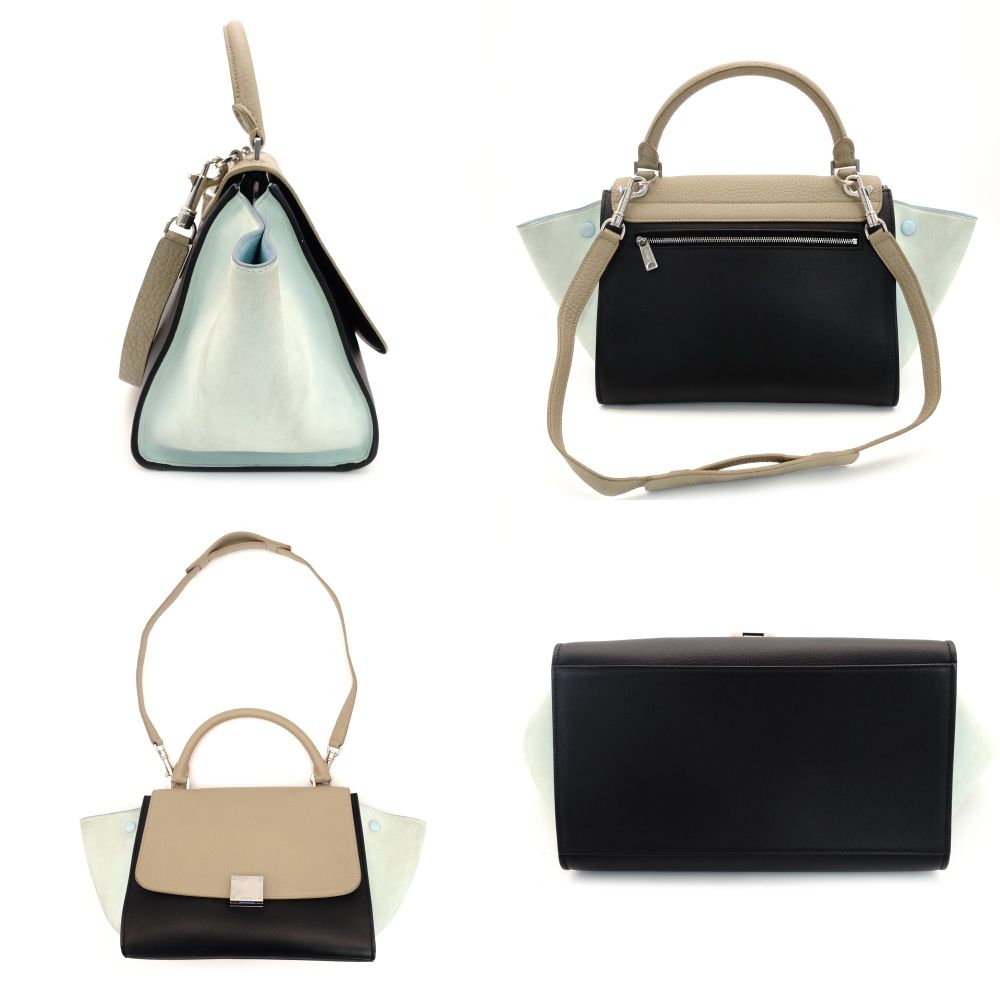 Celine Trapeze Handbag Leather 2-Way Black × Beige × Light Blue Shoulder 7-10-223