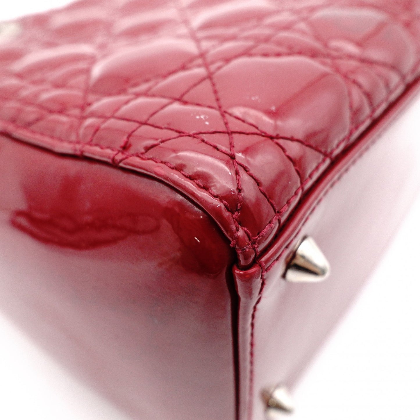 Christian Dior Medium Lady Dior Handbag, Patent Leather, Red, 2-Way, Silver Hardware