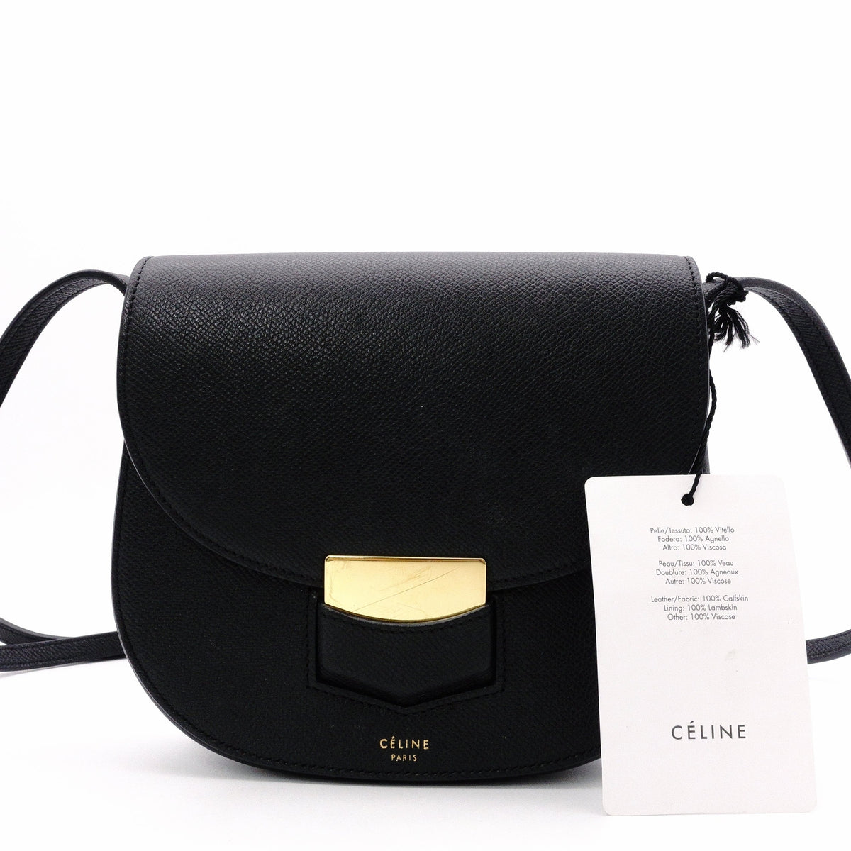 Celine Trotter Small Shoulder Bag, Leather, Black, Women's, Crossbody, Gold Hardware