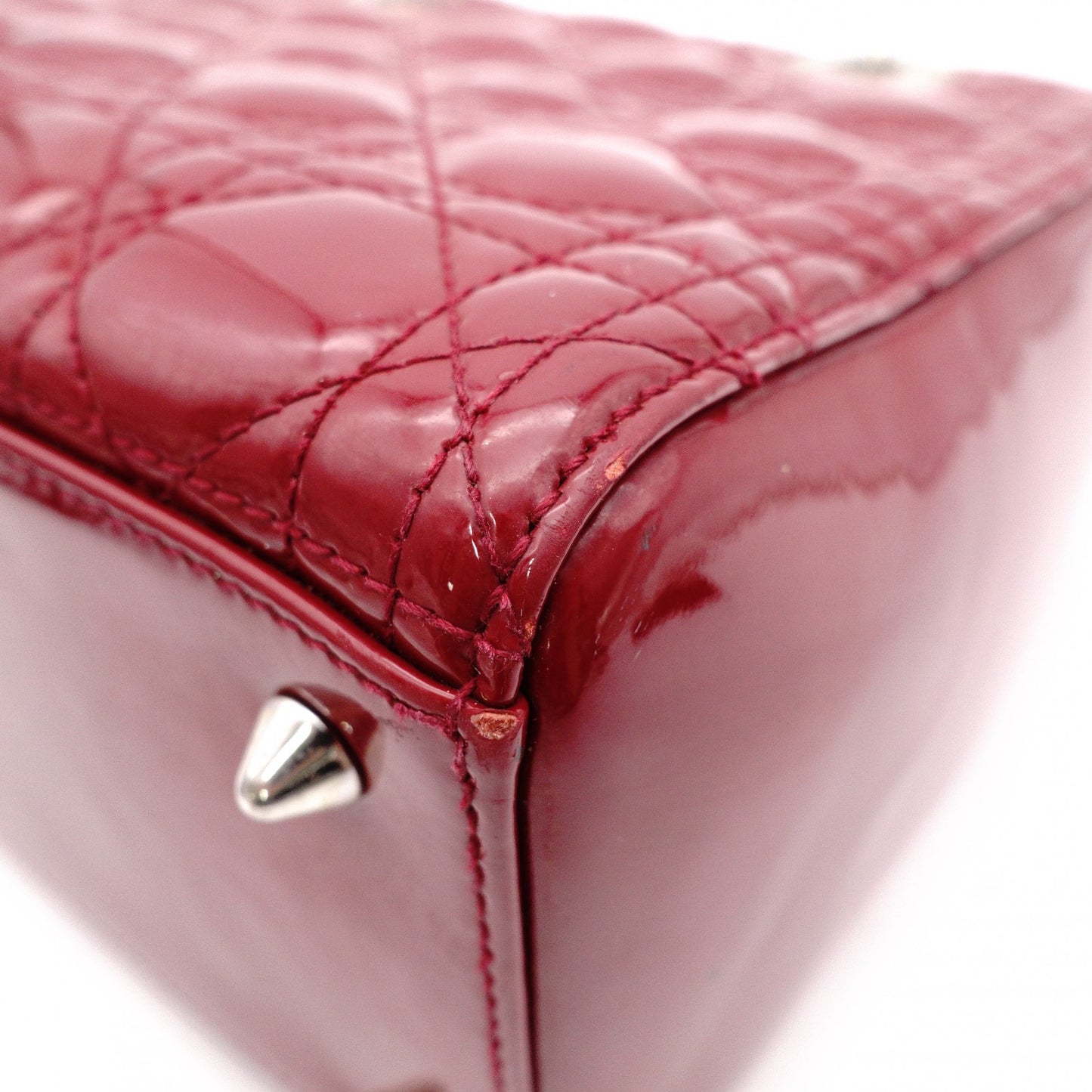 Christian Dior Medium Lady Dior Handbag, Patent Leather, Red, 2-Way, Silver Hardware