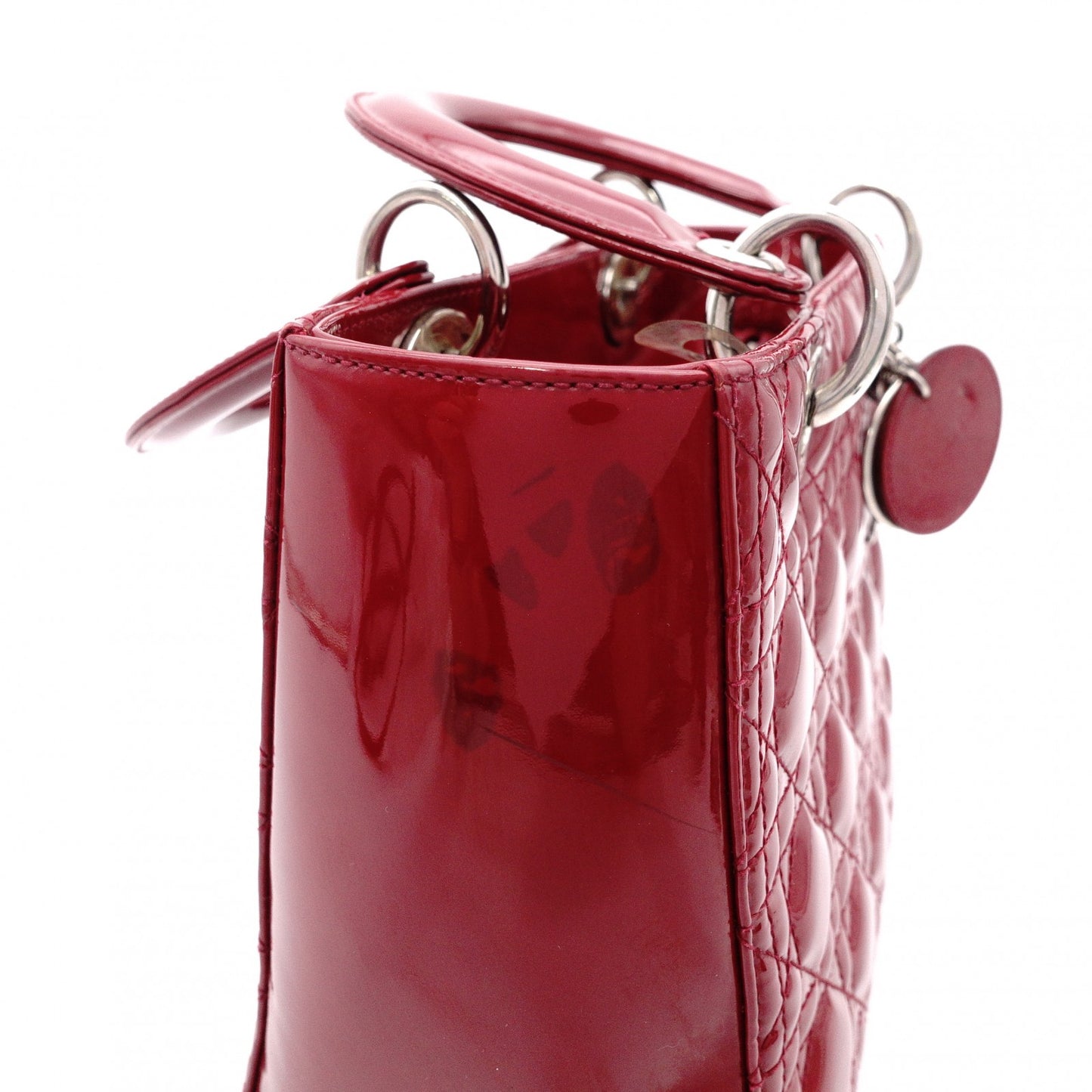 Christian Dior Medium Lady Dior Handbag, Patent Leather, Red, 2-Way, Silver Hardware