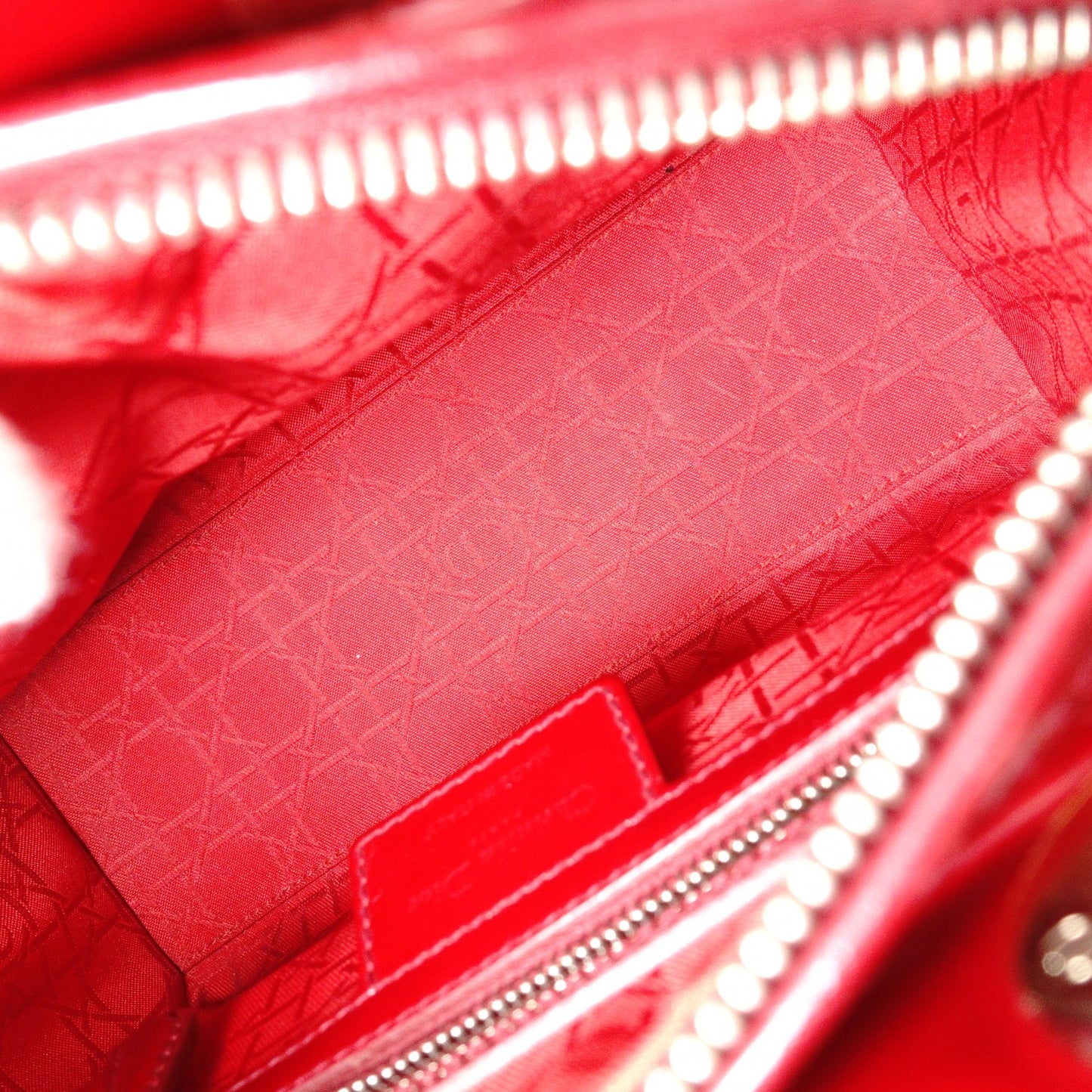 Christian Dior Medium Lady Dior Handbag, Patent Leather, Red, 2-Way, Silver Hardware
